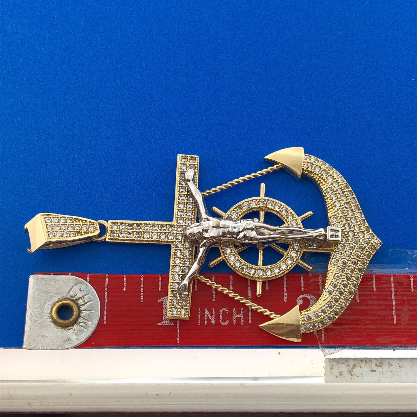 10K Yellow White Gold CZ Statement Sailors Cross Anchor Mariners Cross Pendant