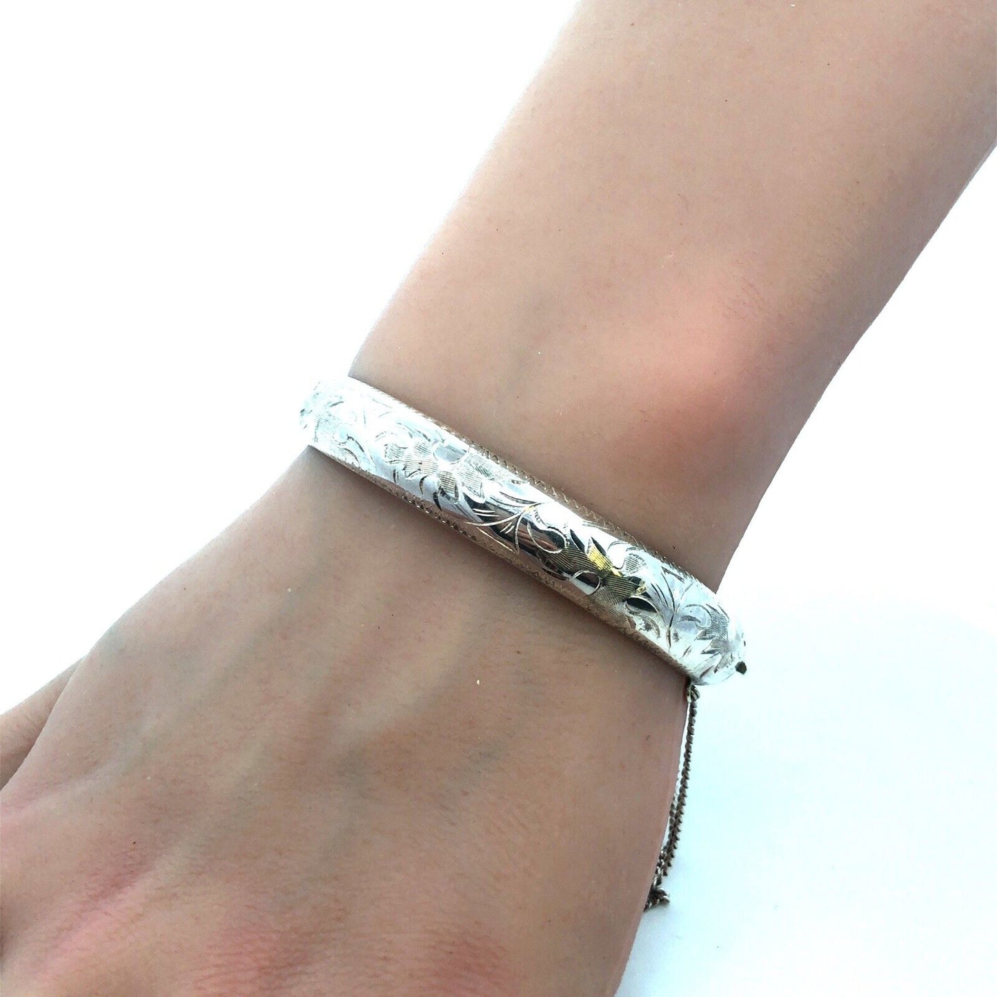 Vintage Longcraft 925 Sterling Silver Floral Scroll Etched Hinged Cuff Bracelet