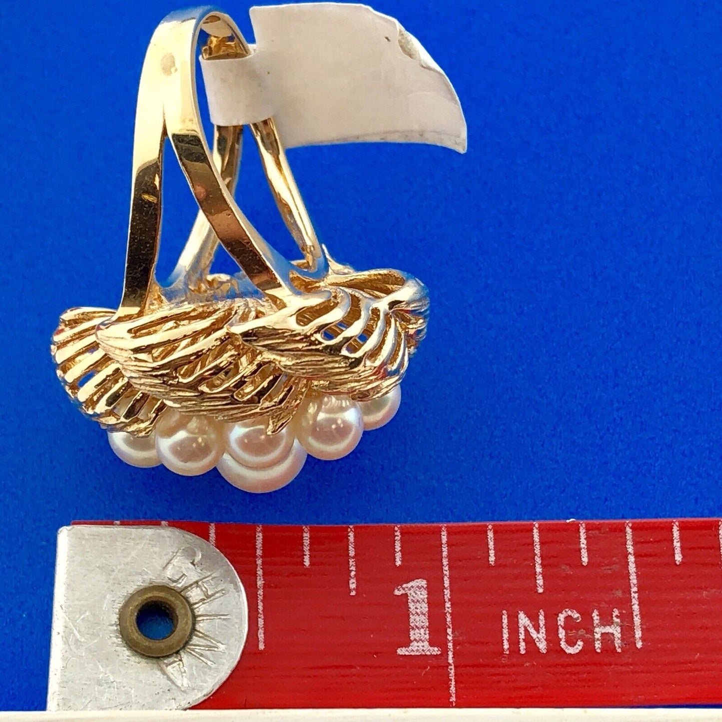 Vintage 14K Yellow Gold 9 Pearl Bird Nest Cluster Statement Cocktail Ring