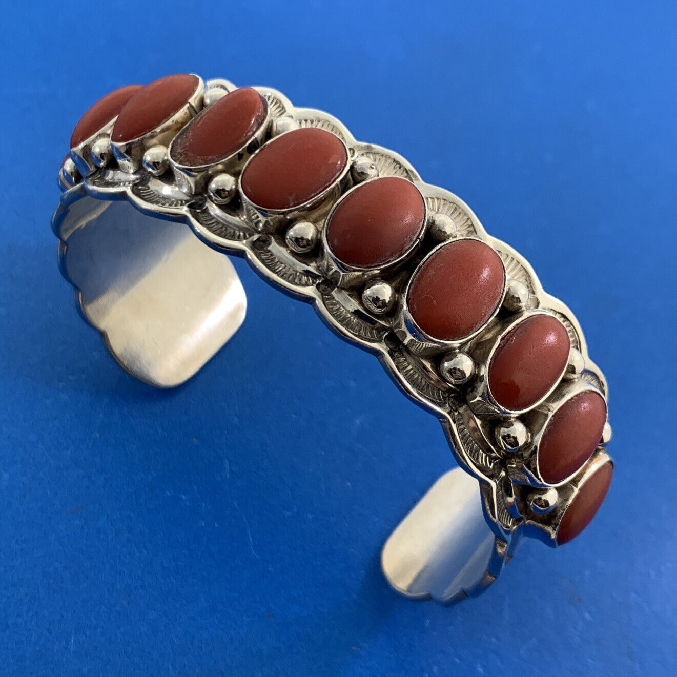 Aaron Toadlena Native American 925 Sterling Silver Coral Statement Cuff Bracelet