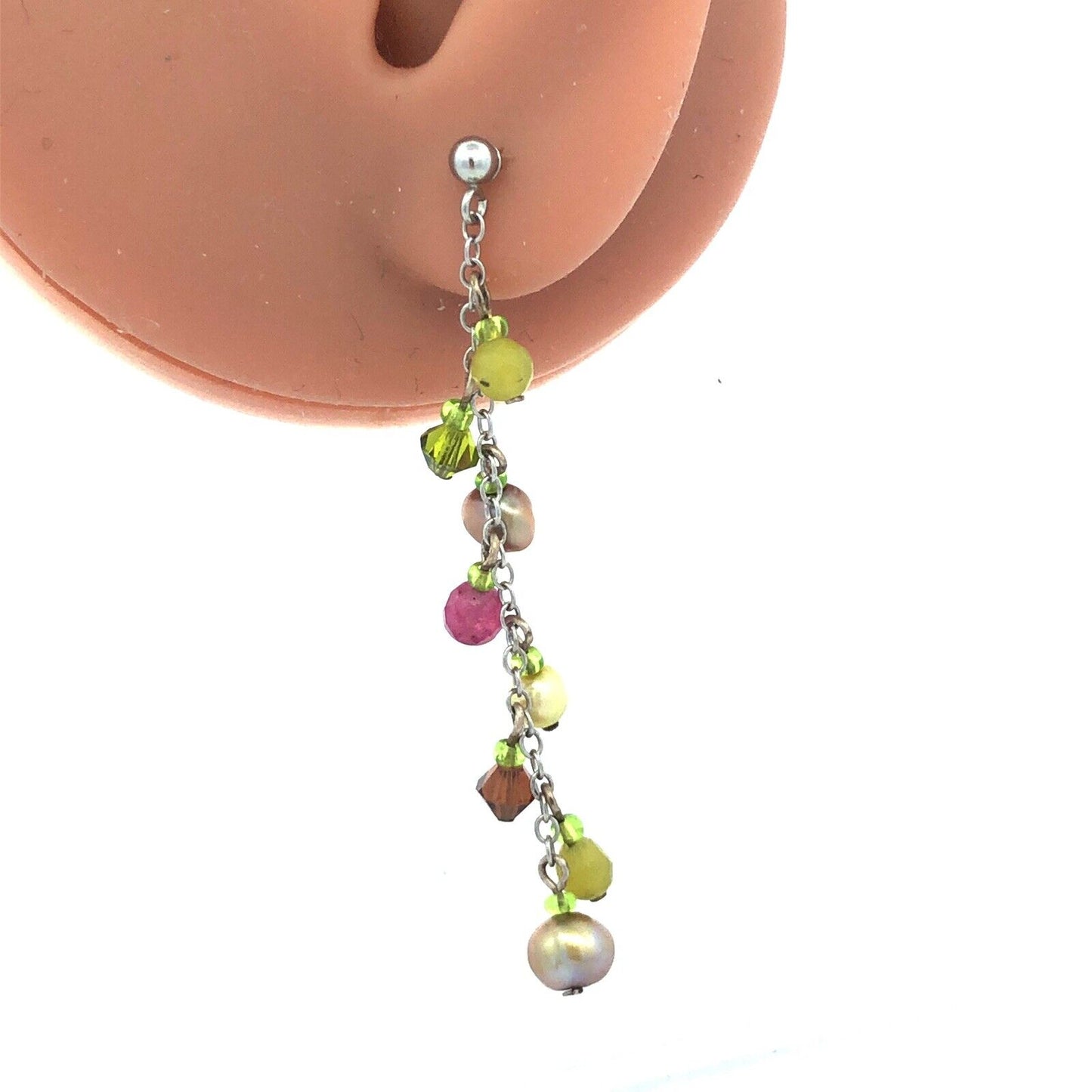 925 Sterling Silver Multi Gemstone Green Purple Cluster Dangle Earrings