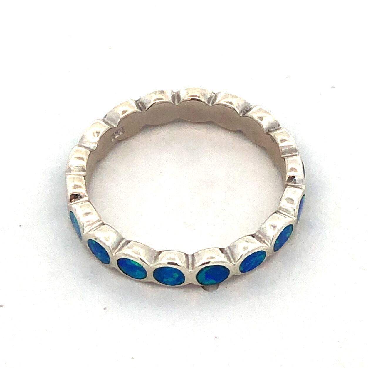 925 Sterling Silver Round Blue Opal Inlay Bubble Stackable Band Ring