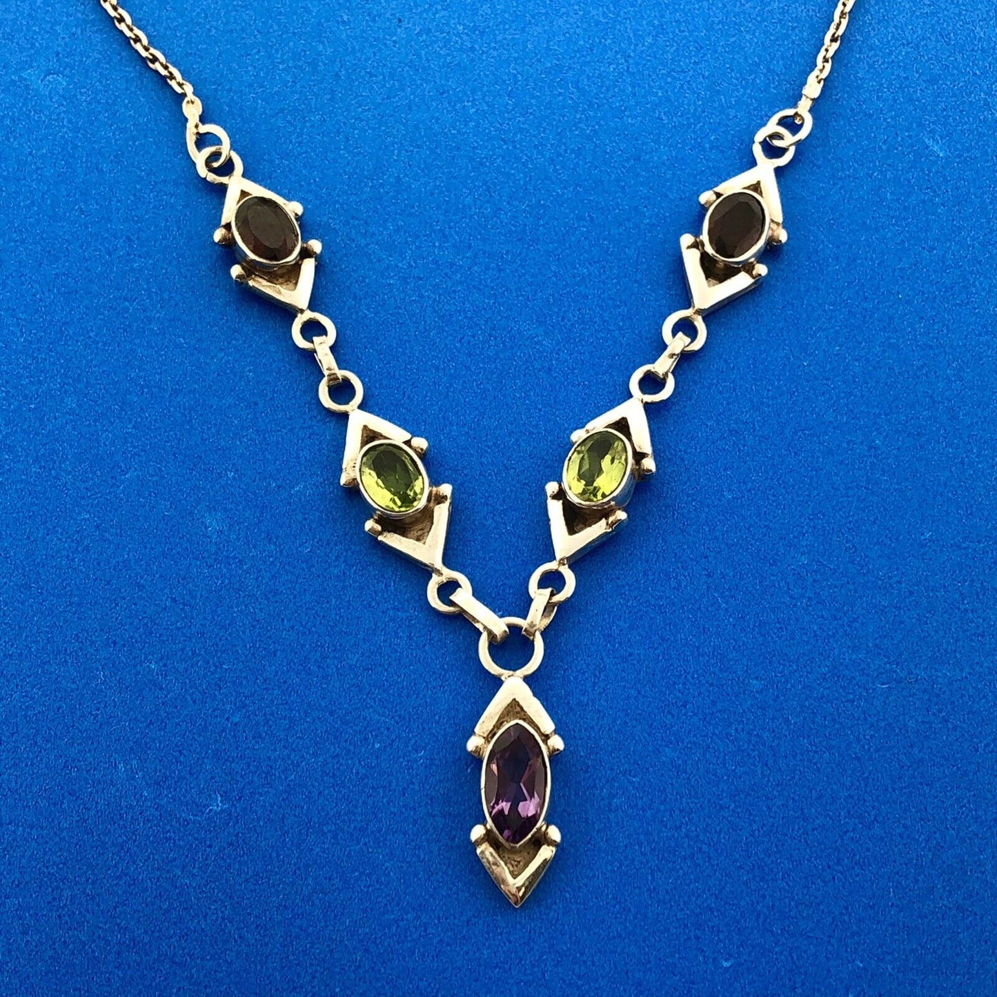 Stunning Sterling Silver 925 Peridot Garnet Amethyst 17" Toggle Necklace