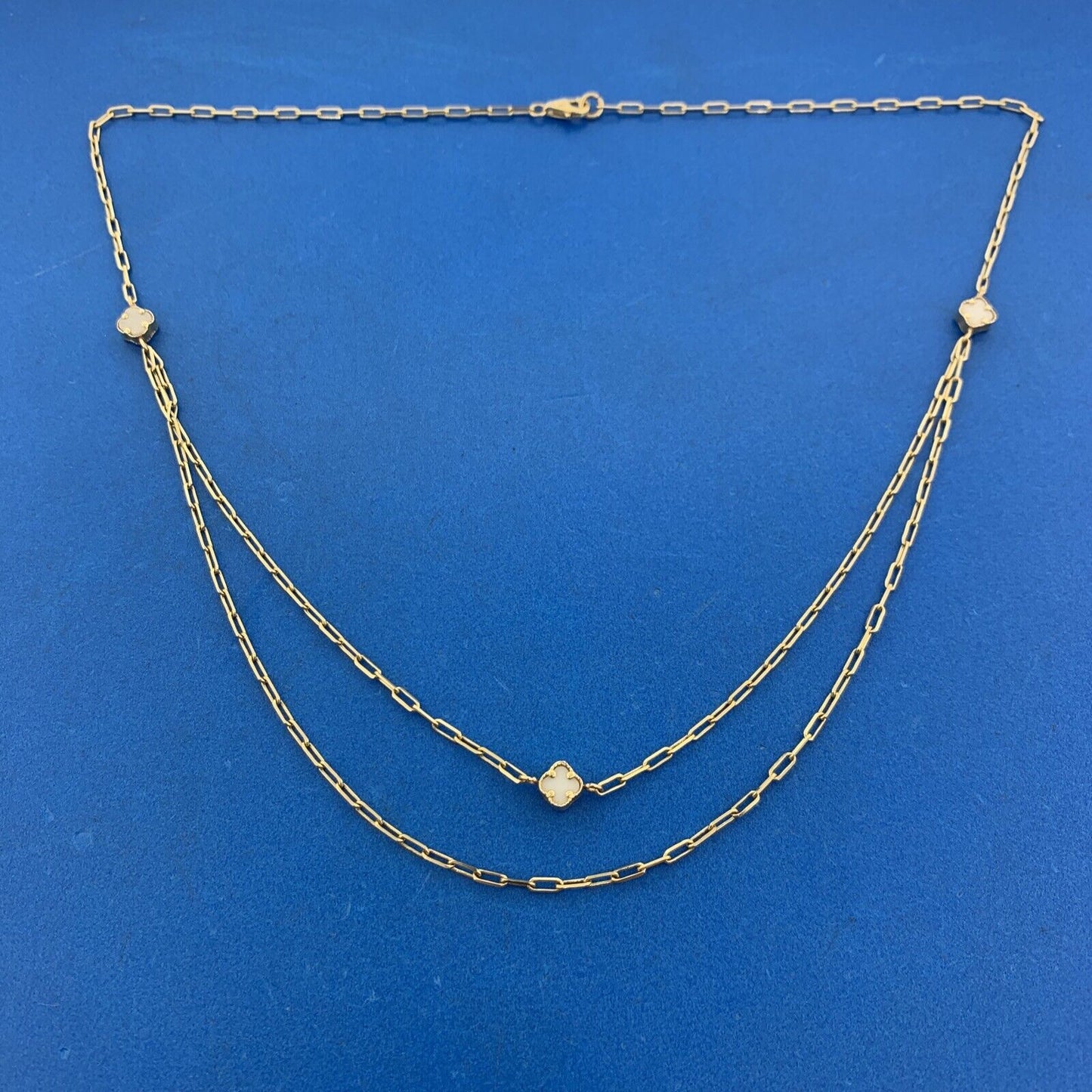 14K Yellow Gold Four Leaf Clover Paper Clip Chain Station Necklace