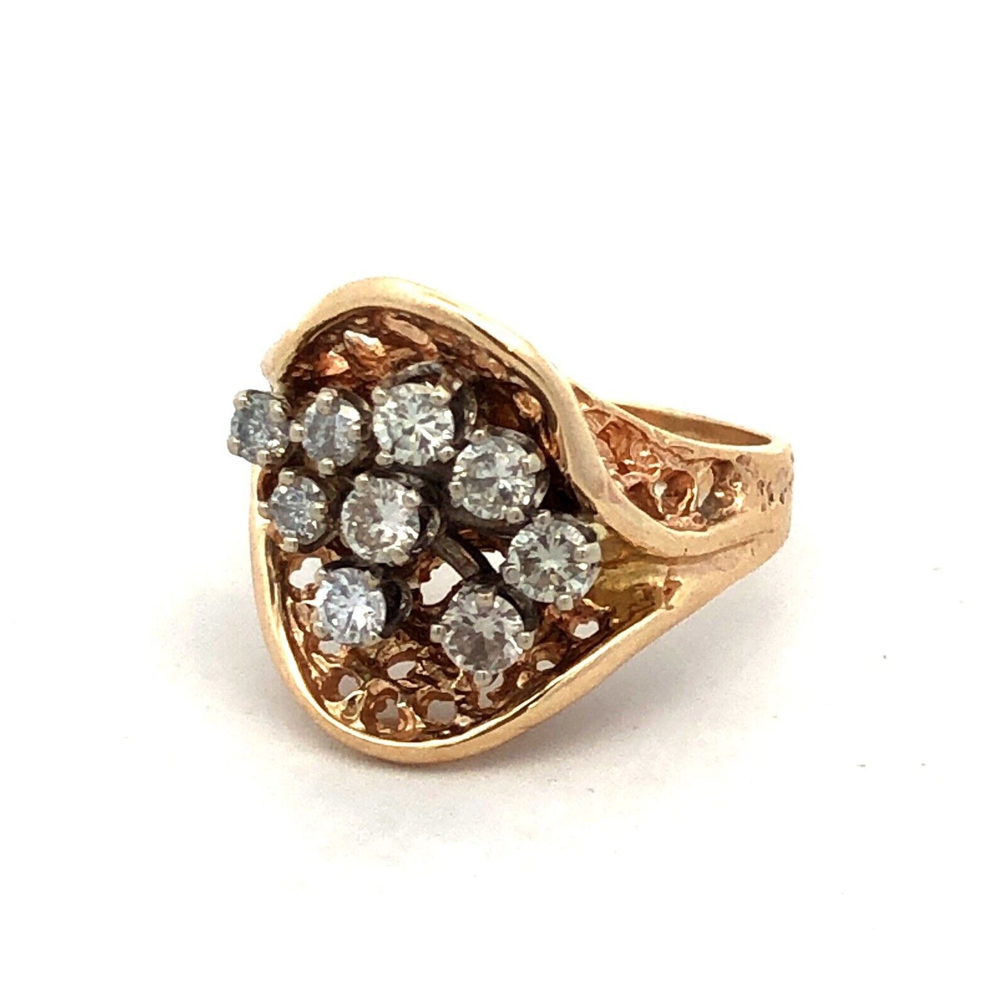 Estate 14K Yellow Gold Round Diamond Cluster Nugget Statement Ring