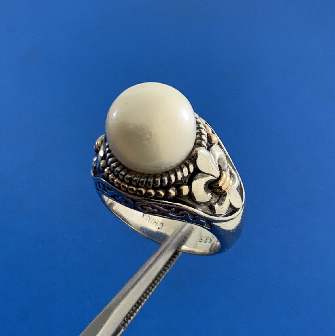 Designer 925 Sterling Silver 14K Yellow Gold Pearl Fleur De Lis Statement Ring