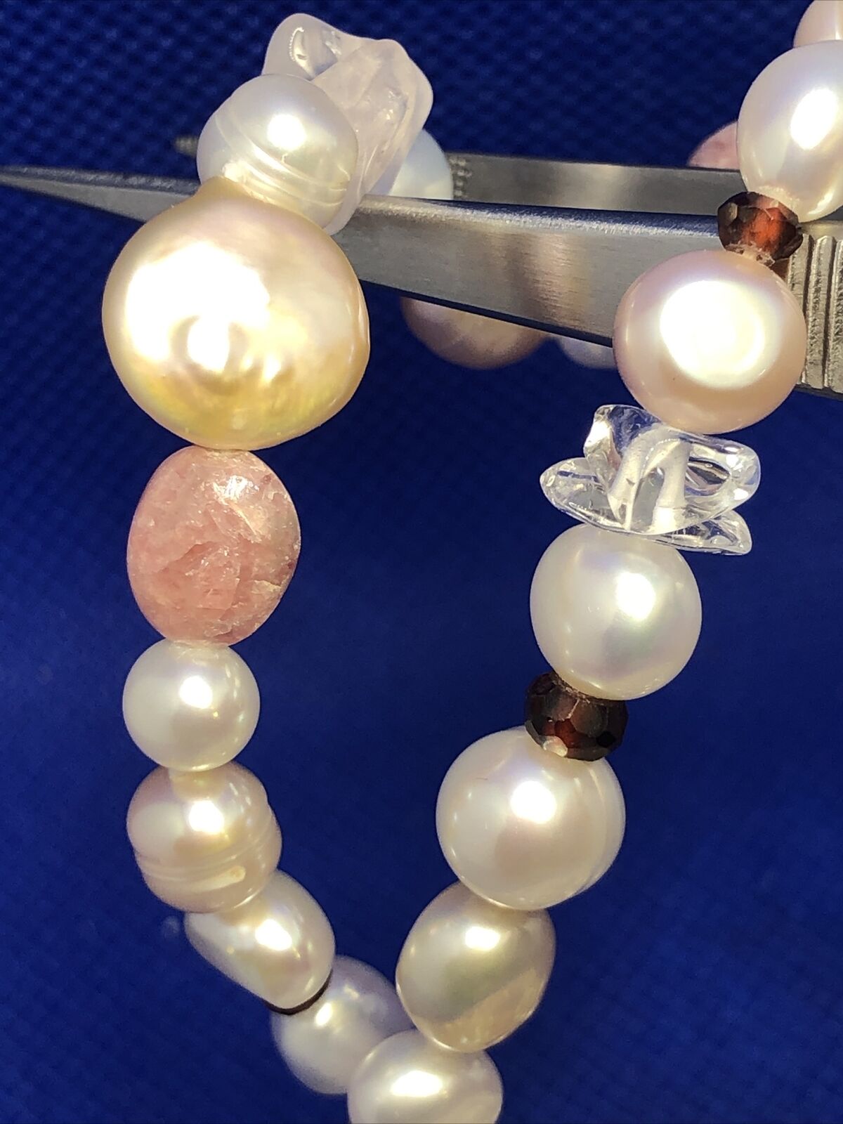 Sterling Silver Pink White Pearl Rhodochrosite Moonstone Garnet Beaded Necklace
