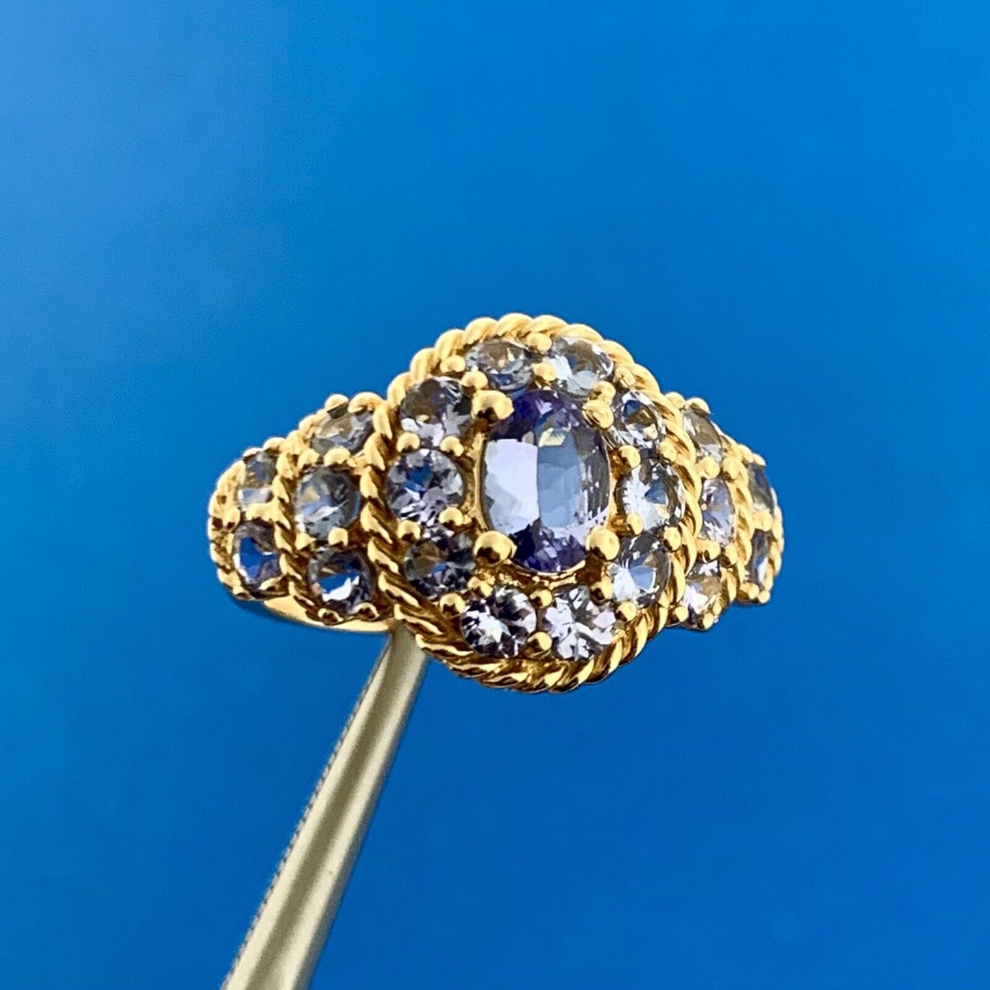 Designer 14K Yellow Gold Tanzanite Cluster December Anniversary Ring