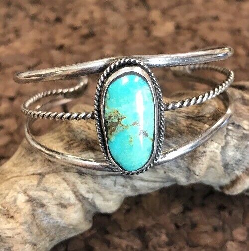 Native American Sterling Silver Oval Green Royston Turquoise Split Cuff Bracelet