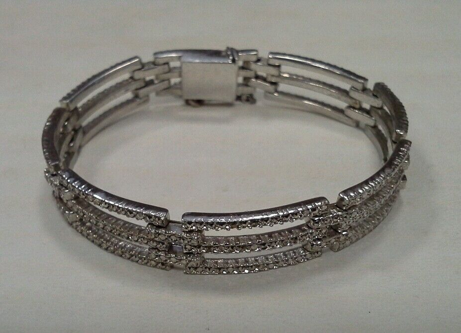 Sparkling 925 Sterling Silver Marcasite Rectangle Illusion Panel Bracelet