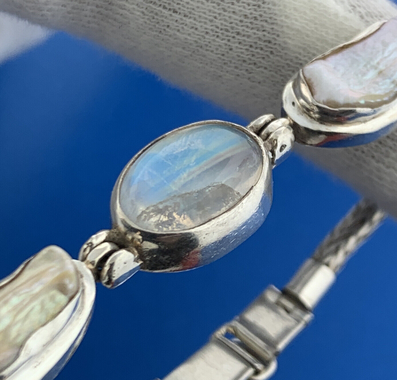 Vintage 925 Sterling Silver Moonstone Mabe Pearl Panel Statement Bracelet