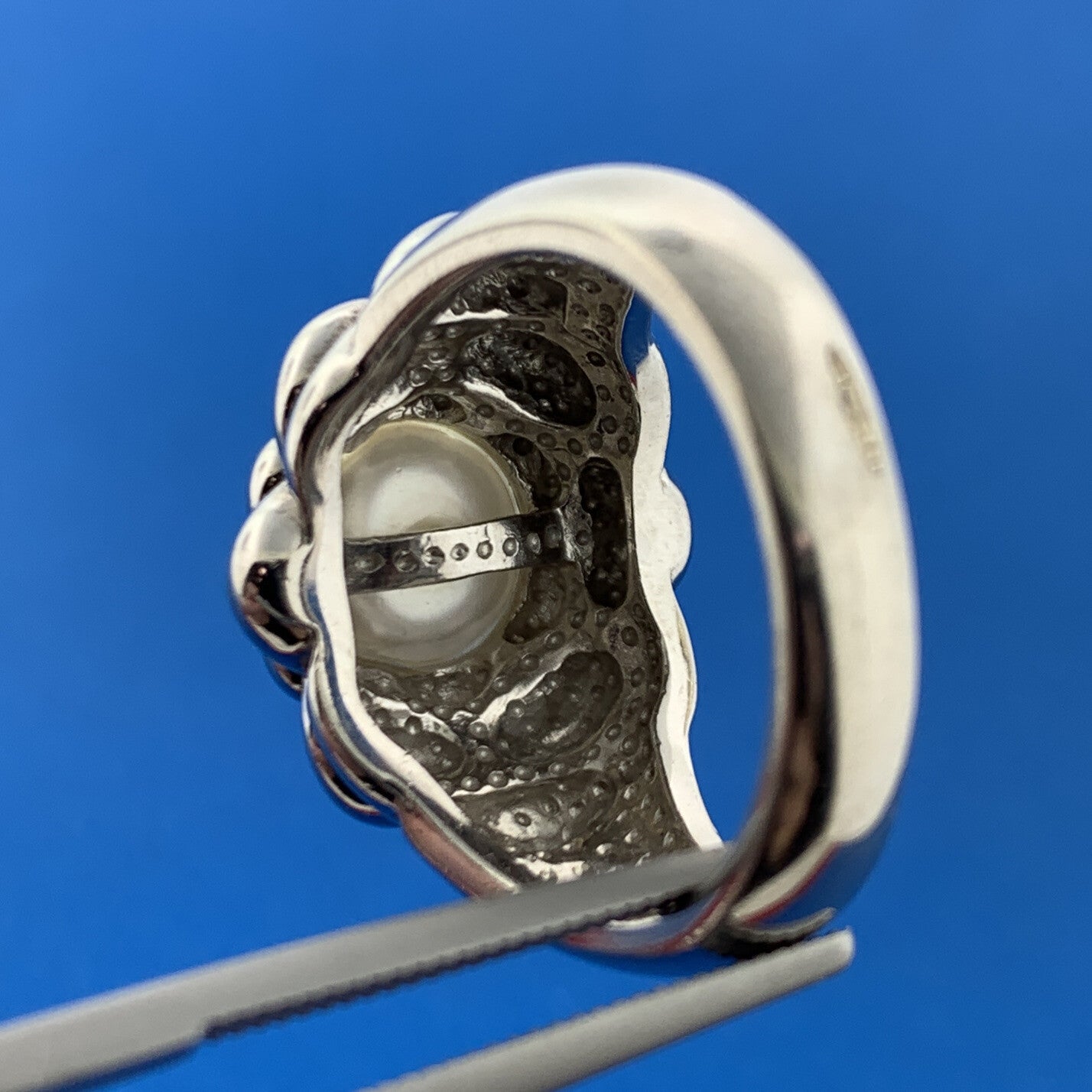 Vintage EA Sterling Silver 925 Pearl Flower Statement Cocktail Dome Ring
