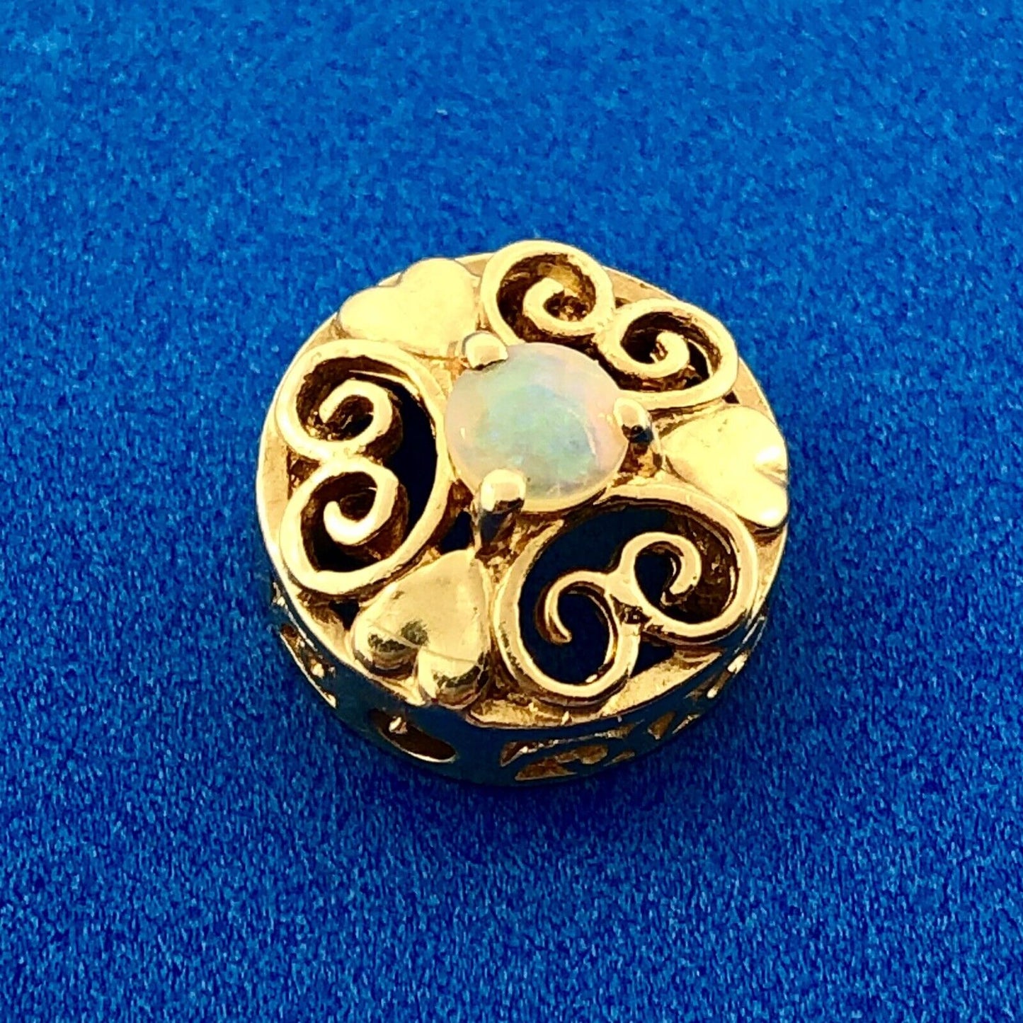 Vintage 10K Yellow Gold Opal Cabochon Heart Scroll OpenWork Slide Bracelet Charm