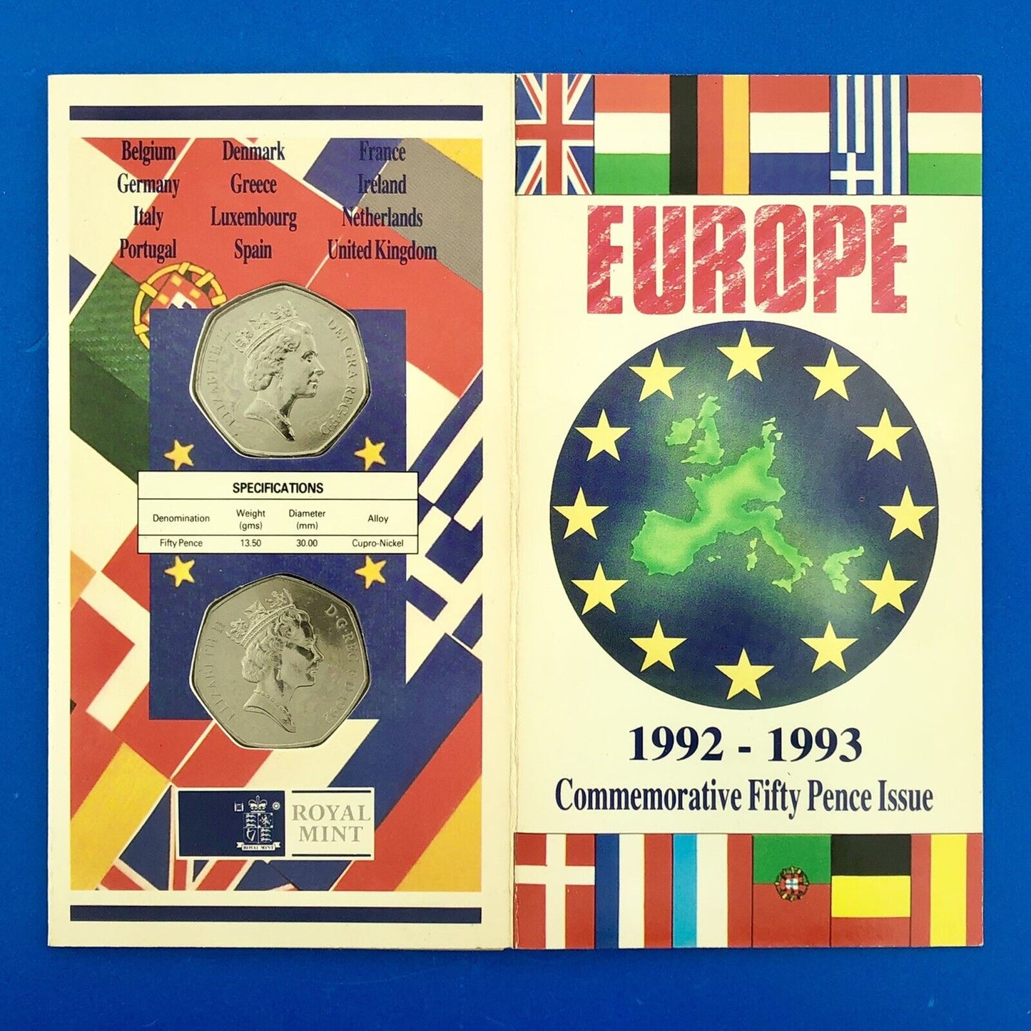 1992 1993 COMMEMORATIVE FIFTY PENCE ISSUE EUROPE IN ORIGINAL SEALED CASE