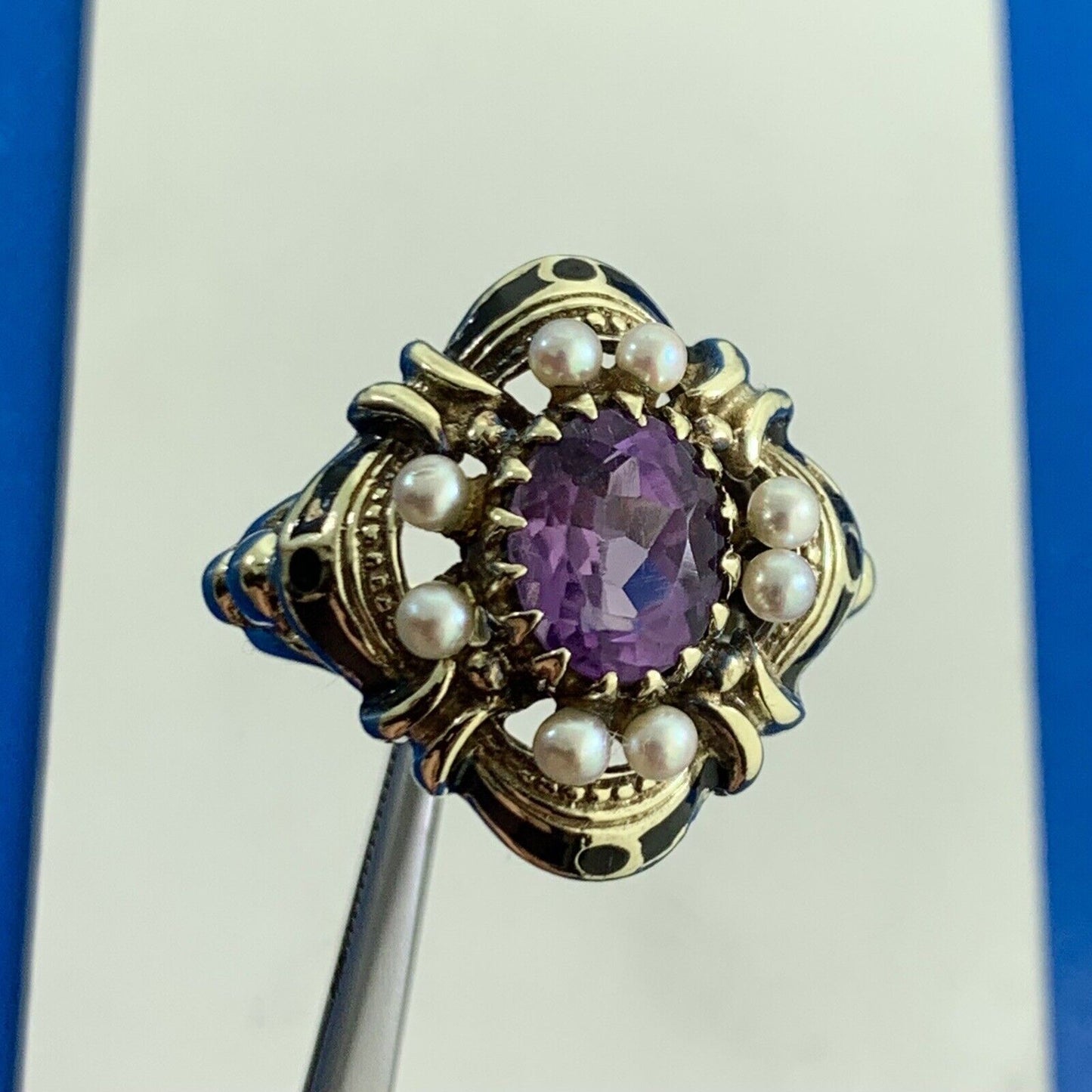 Art Nouveau 14K Yellow Gold Oval Amethyst Pearl Black Enamel Cocktail Ring