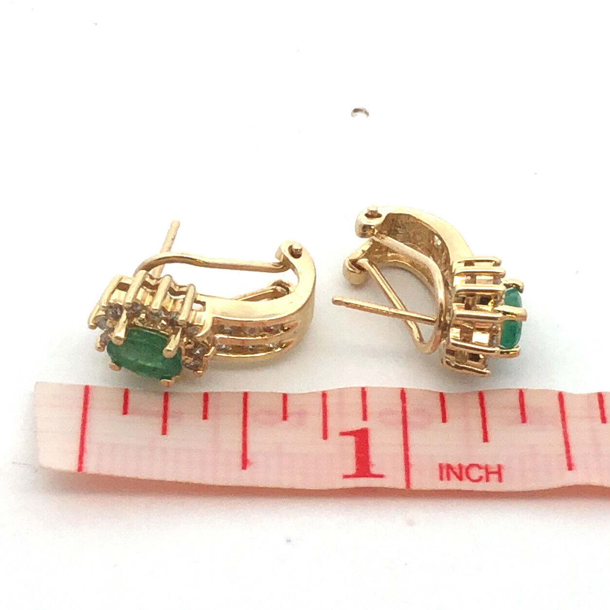14K Yellow Gold Designer Oval Emerald Diamond Halo Drop Stud Earrings
