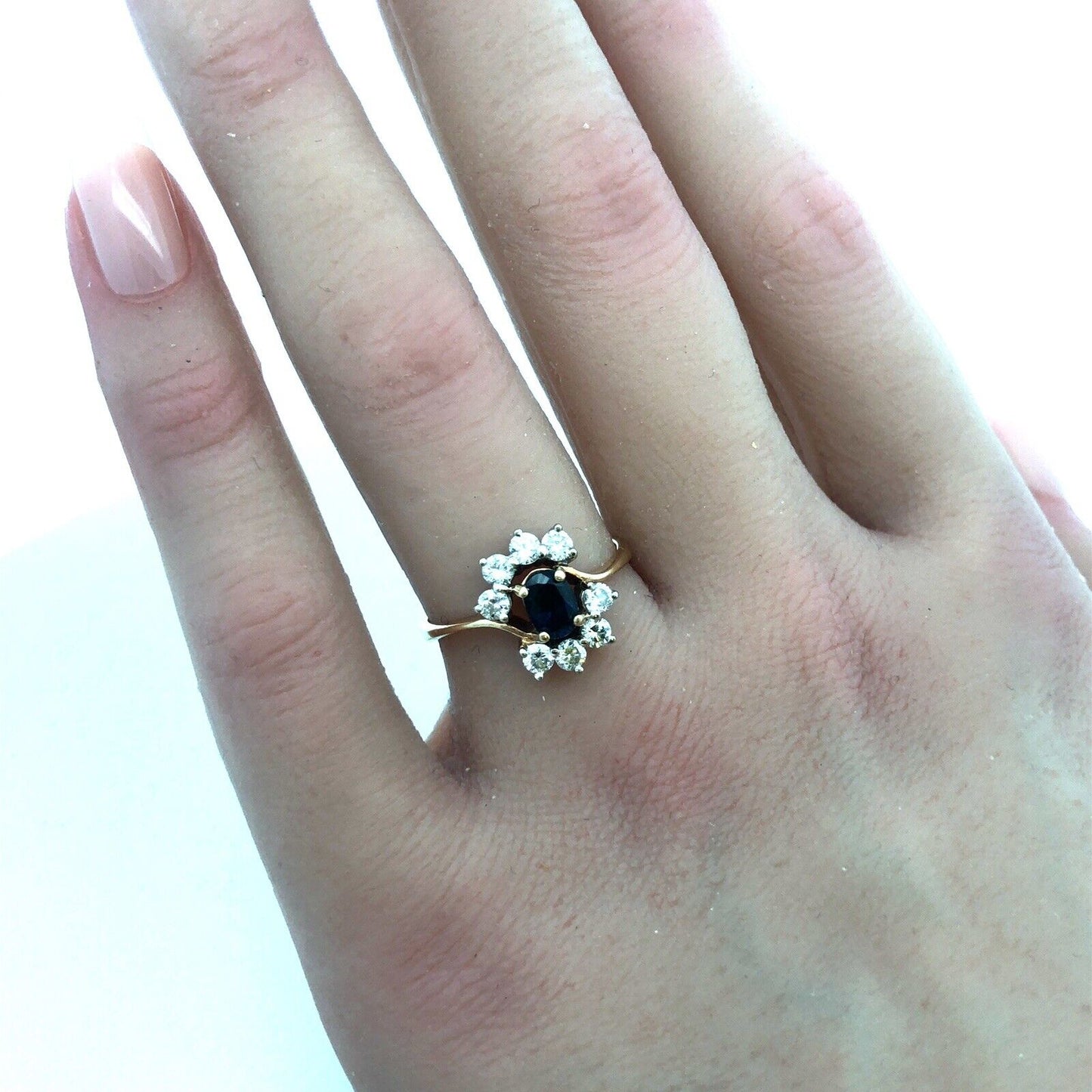 Gorgeous 14k Yellow Gold Oval Cut Sapphire Diamond Floral Cluster Ring Size 6.5