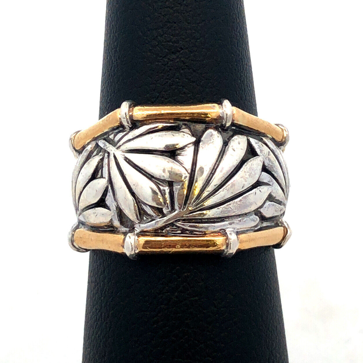 Designer P 925 Sterling Silver 22K Yellow Gold Palm Leaves Bamboo Wide Band Ring