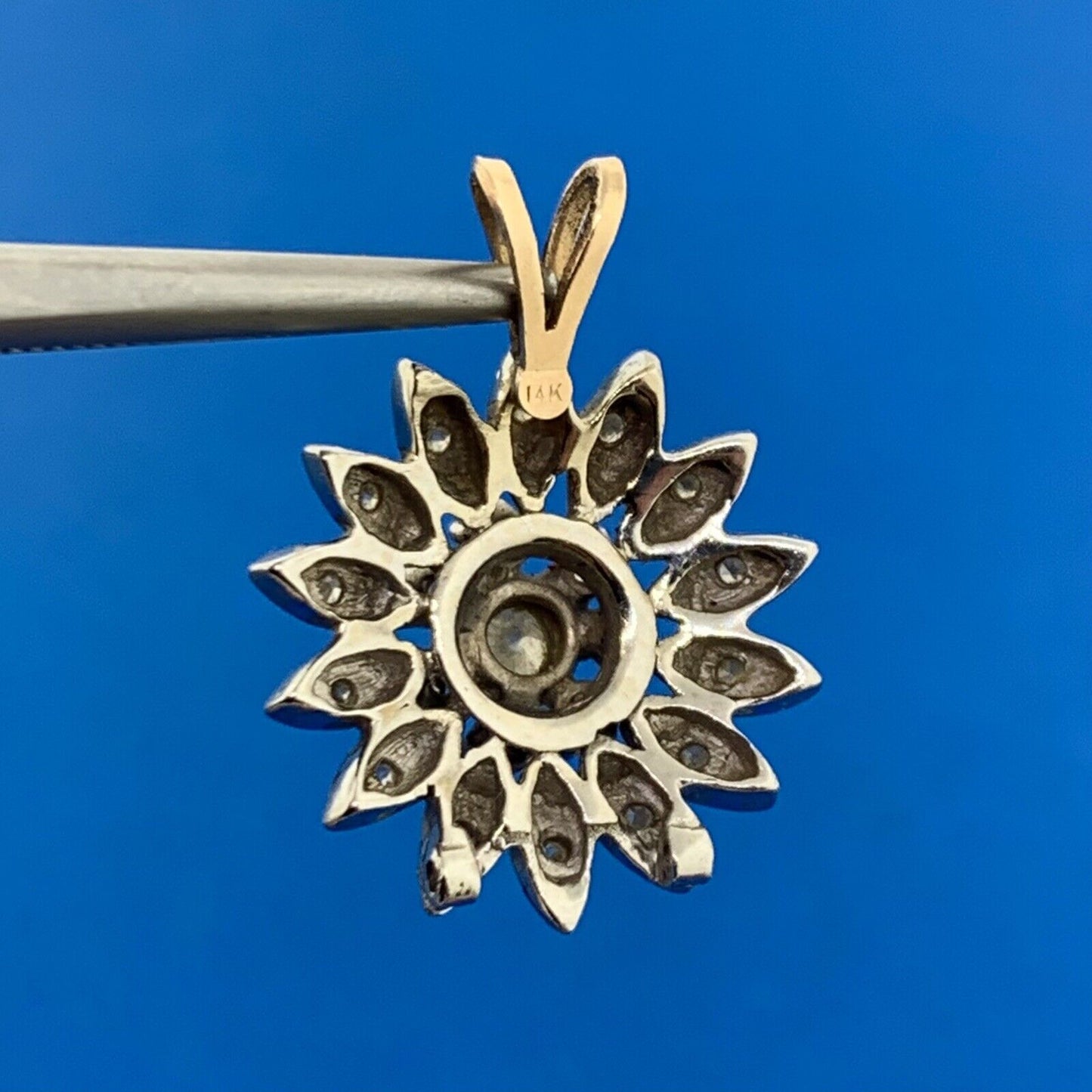 14K White Yellow Gold Diamond Floral Pinwheel Cluster Pendant