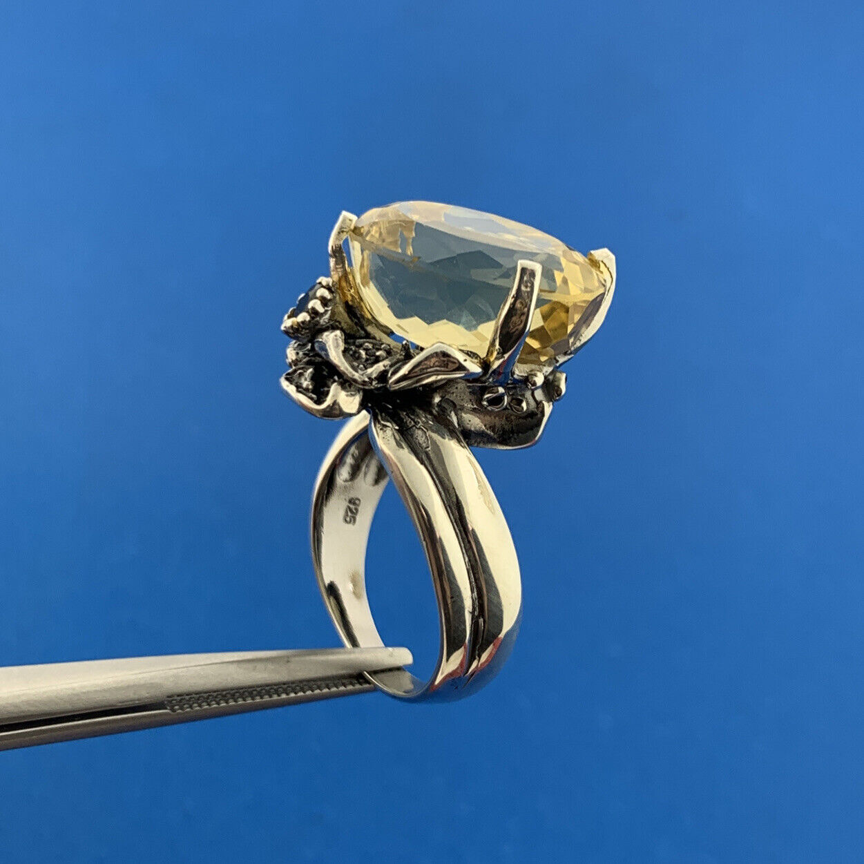 Artisan 925 Sterling Silver Oval Citrine Blue Sapphire 2 Tone Statement Bypass R