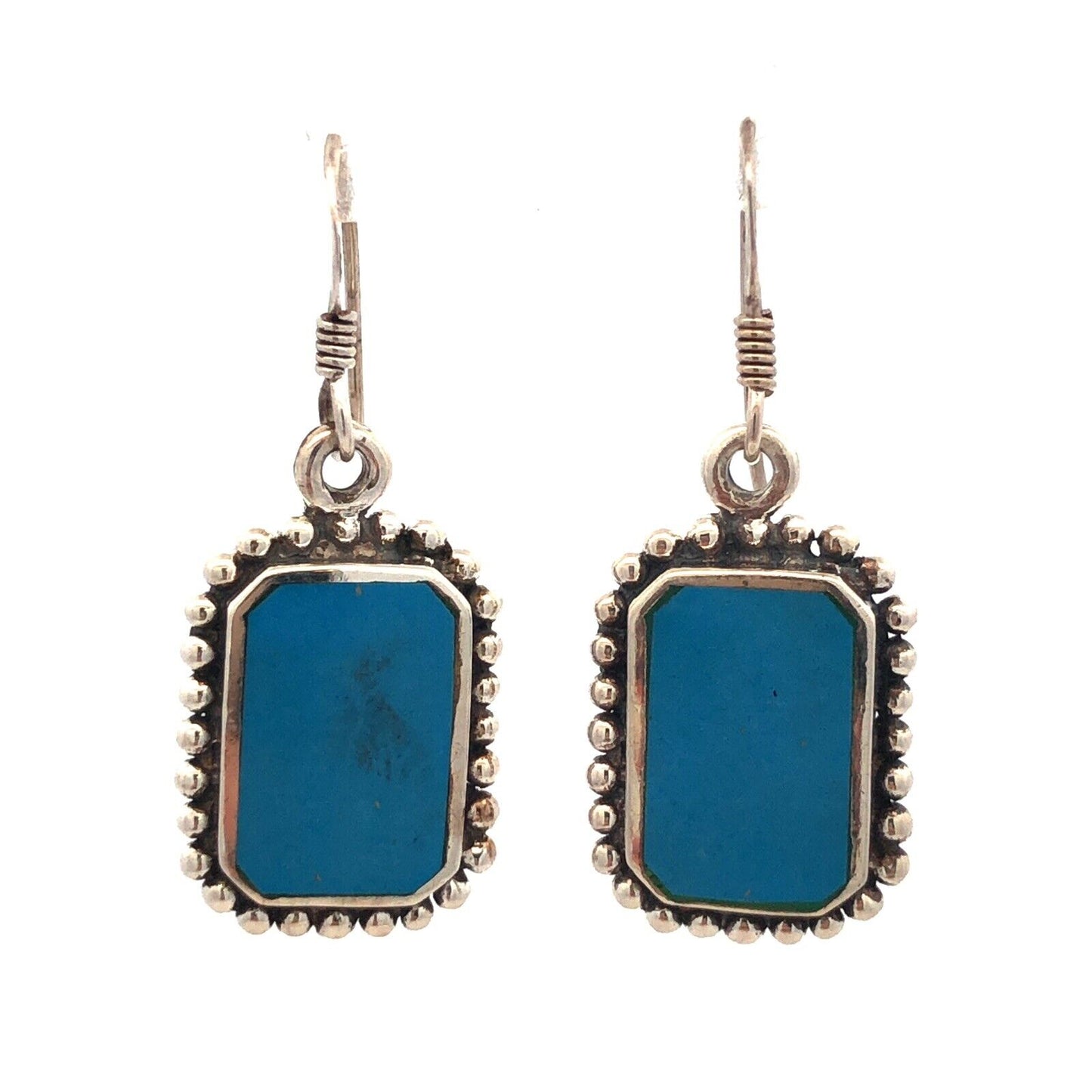 925 Sterling Silver Vintage Rectangle Turquoise Dangle Hook Earrings