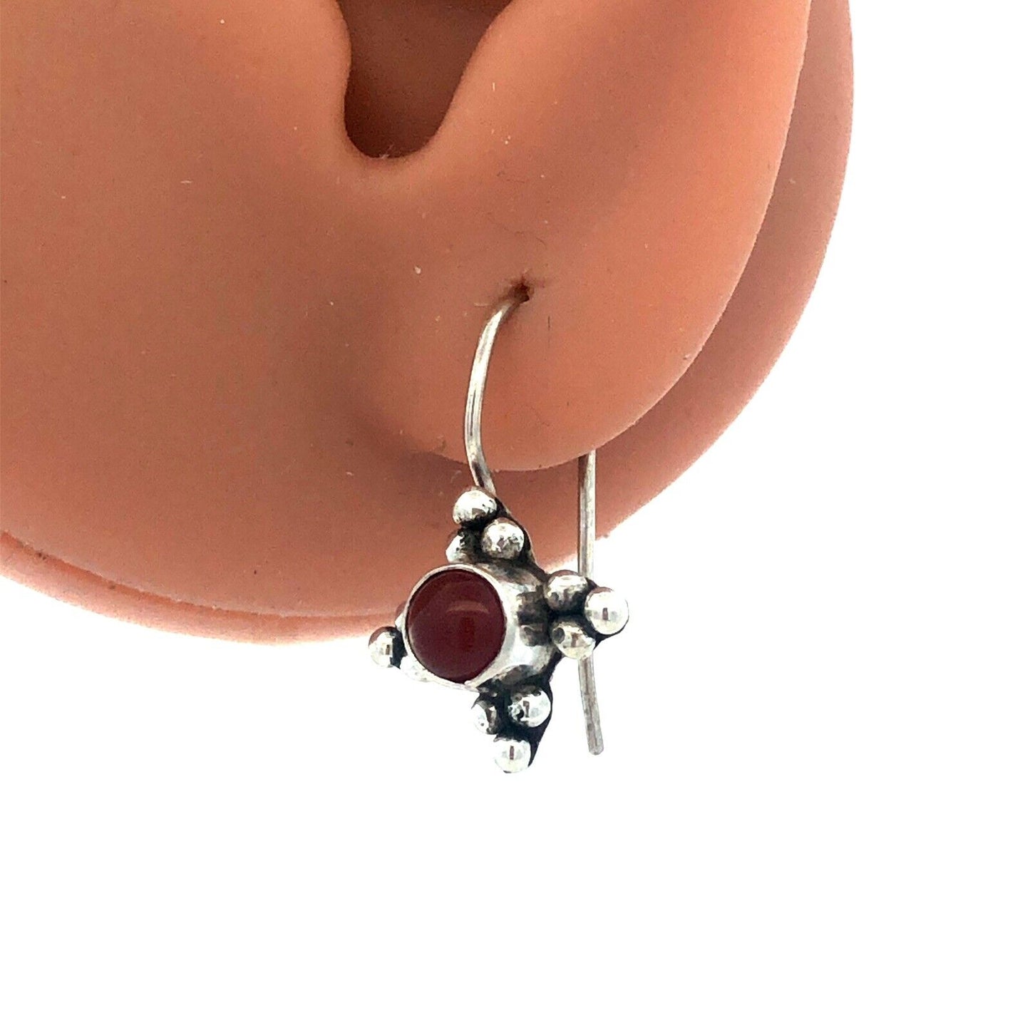Estate 925 Sterling Silver Carnelian Cabochon Beaded Drop Dangle Hook Earrings