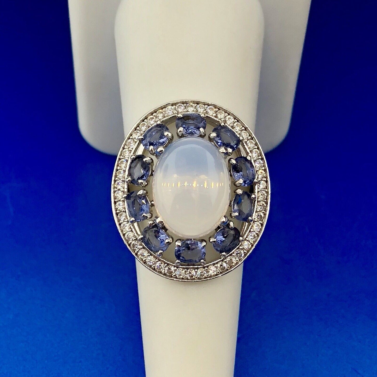 925 Sterling Silver Moonstone Tanzanite Diamond Double Halo Statement Ring
