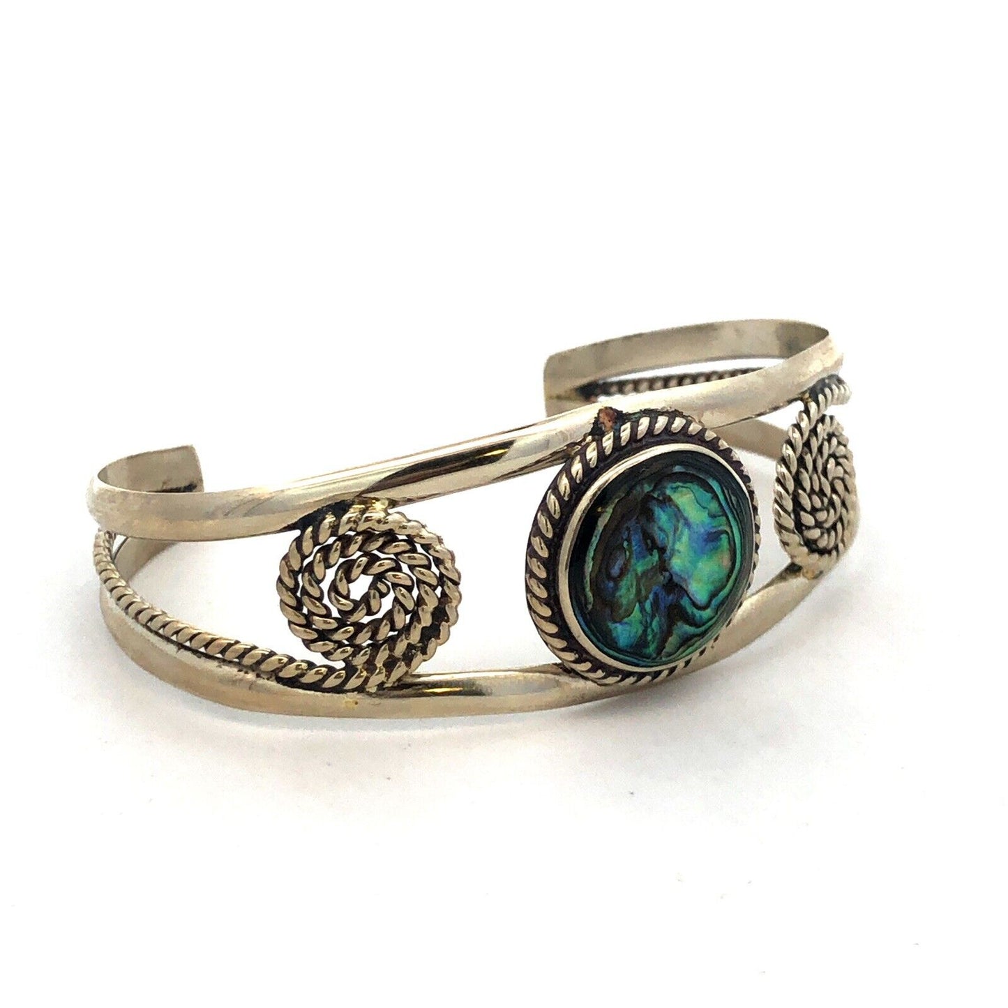 Vintage Mexico Alpaca 925 Sterling Silver Round Abalone Filigree Cuff Bracelet