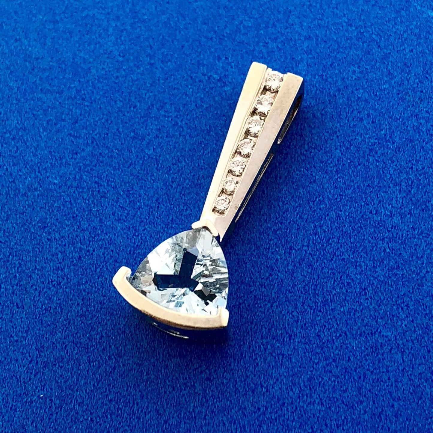 Designer MA 14K White Gold Trillion Cut Swiss Blue Topaz Diamond Accent Pendant
