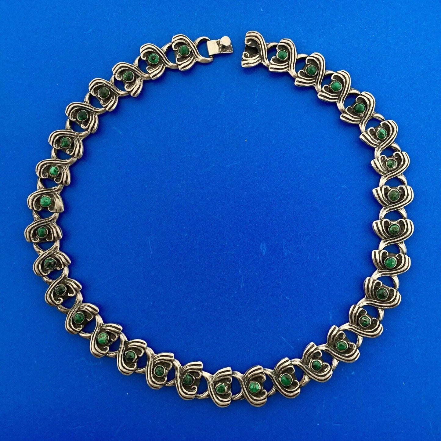 Mid Century Taxco Mexico 925 Sterling Silver Malachite Scroll Panel Necklace