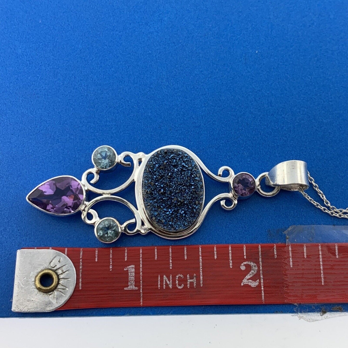 Sterling Silver 925 Amethyst Blue Topaz Drusy Quartz Statement Pendant Necklace