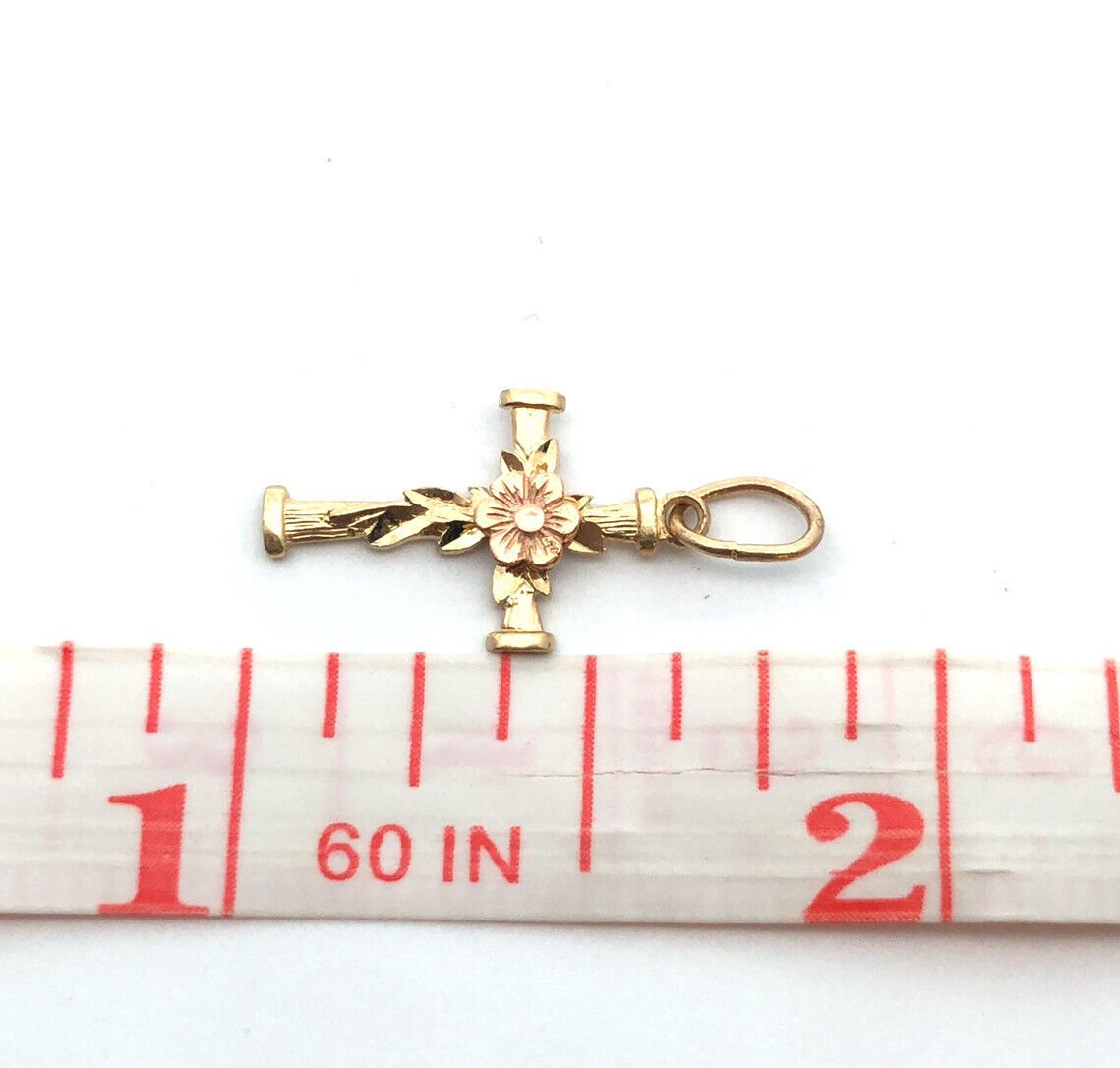 Designer 14K Yellow Gold Rose Gold Flower Leaf Floral Religious Cross Pendant
