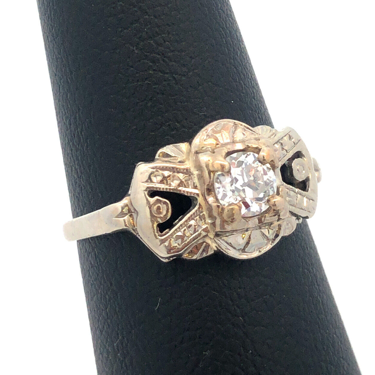 Art Deco 14K White Gold Diamond European Mine Cut Engagement Bridal Ring