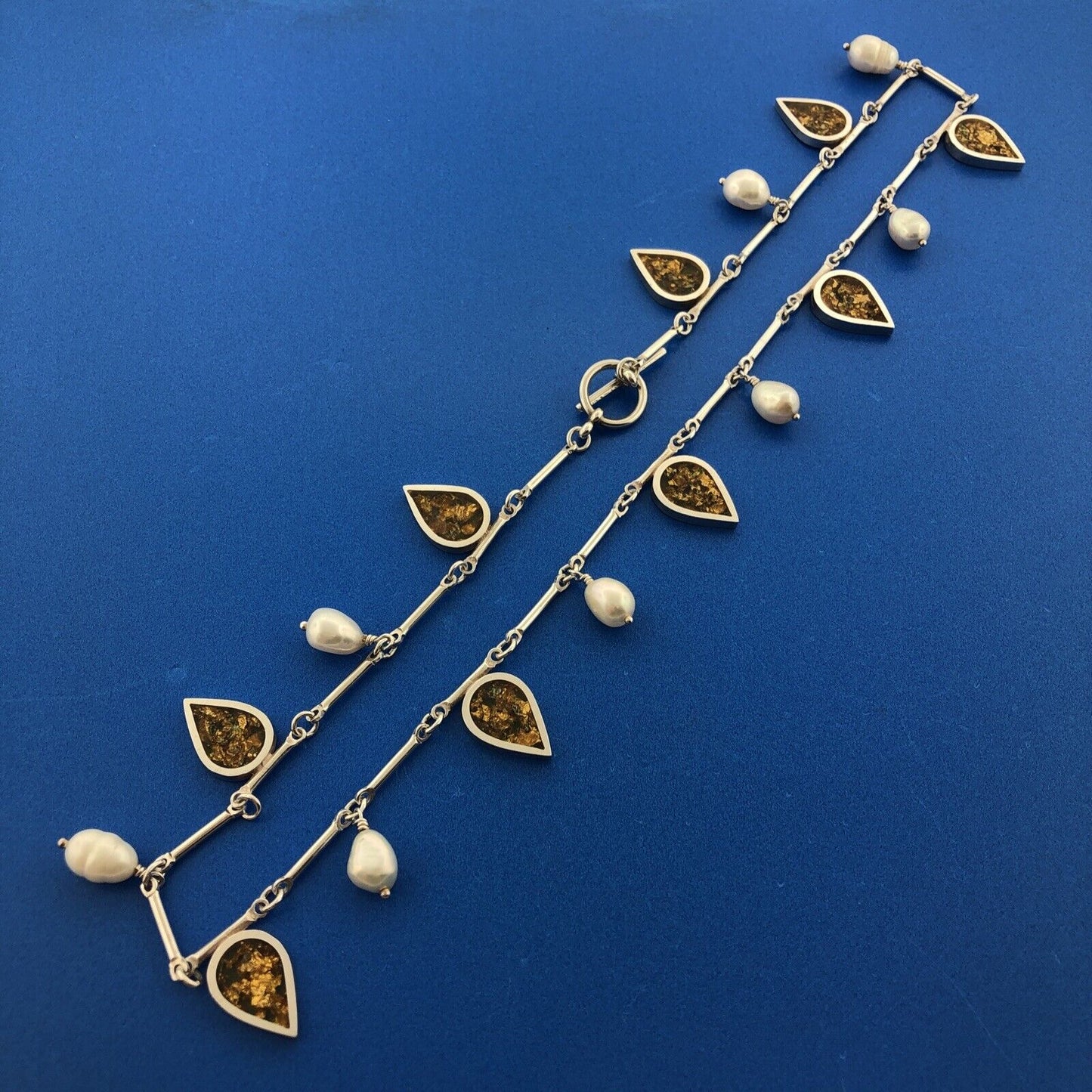 Custom 925 Sterling Silver Pearl Gold Flake Statement Toggle Necklace