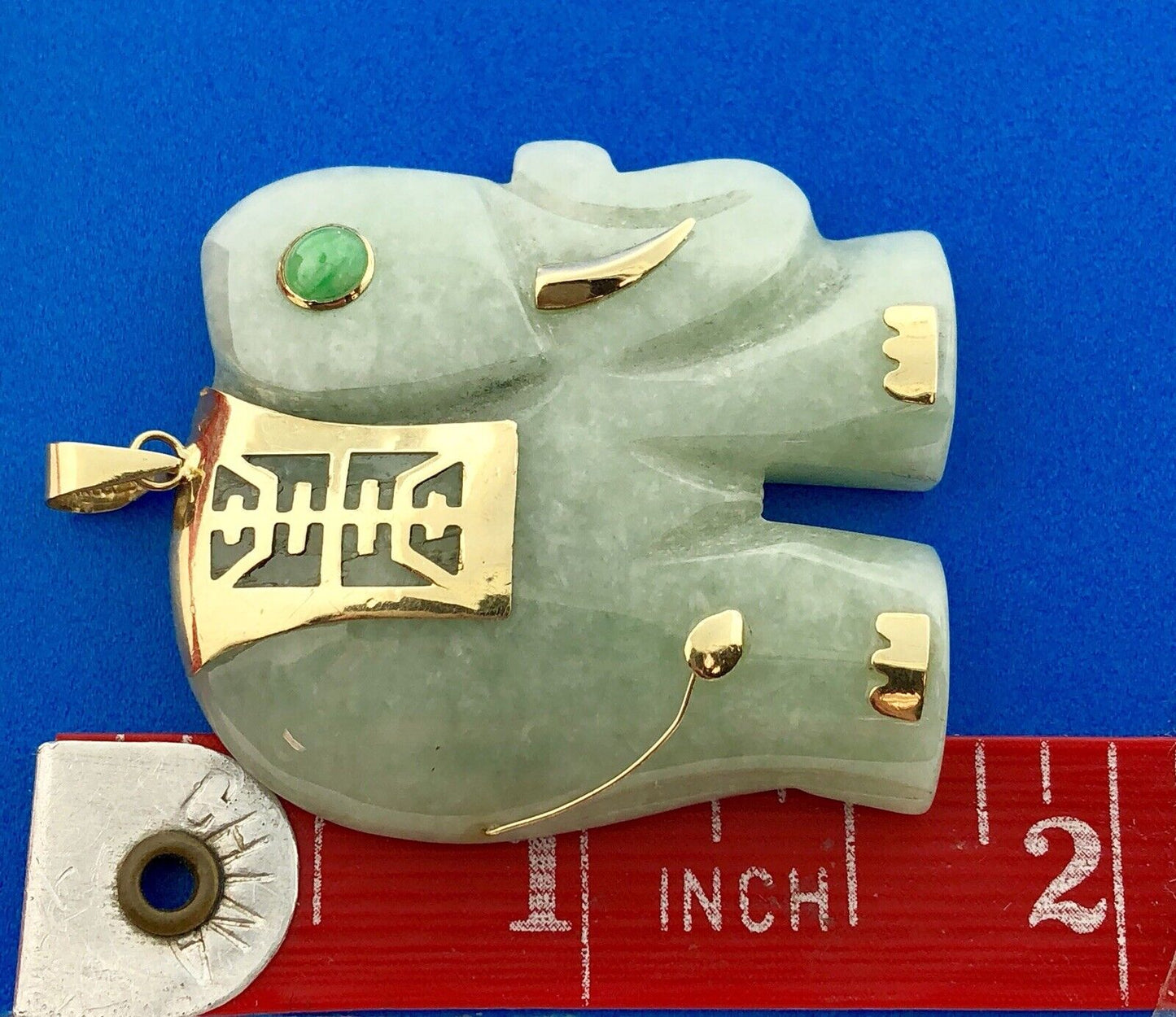 Vintage 14k Yellow Gold Jade Jadeite Chrysoprase Elephant Statement Pendant