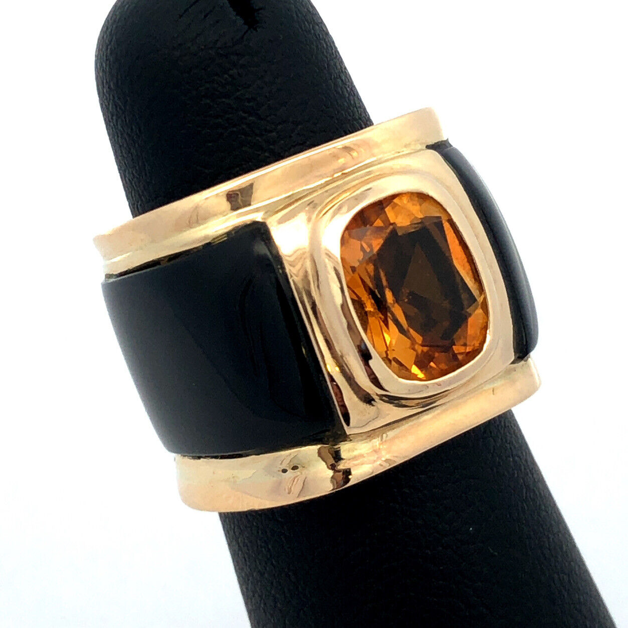 Unusual 14K Yellow Gold Oval Citrine Black Statement Cigar Band Ring