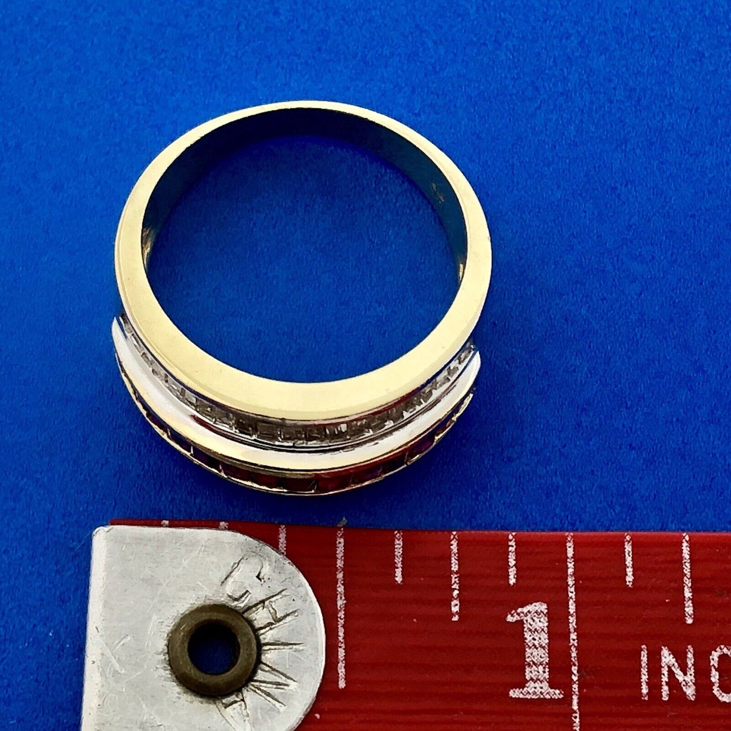 Vintage SRT 14K Yellow White Gold Diamond Ruby Channel Set Tapered Band Ring