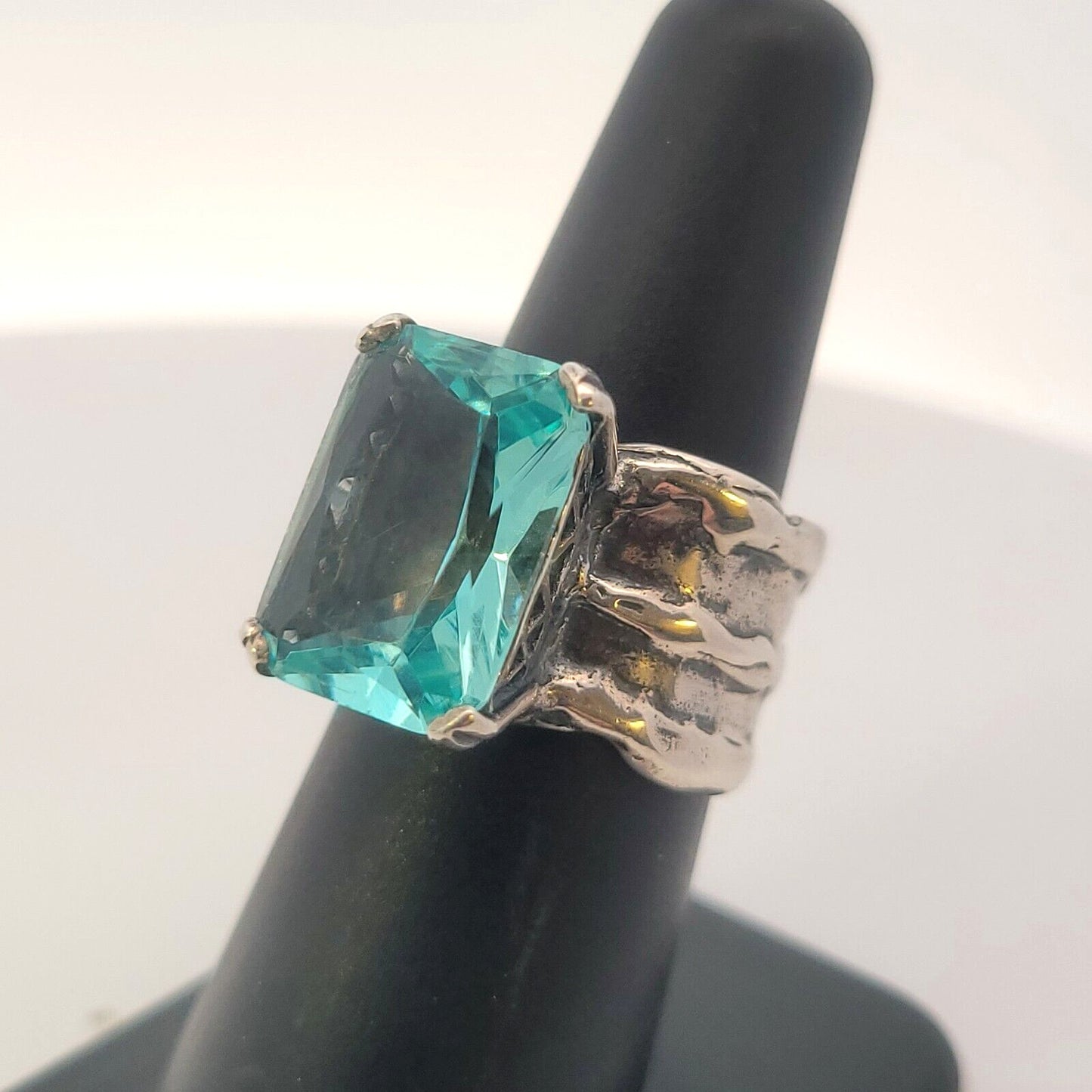 Designer 925 Sterling Silver Radiant Cut Blue Topaz Size 6.75 Wide Band Ring