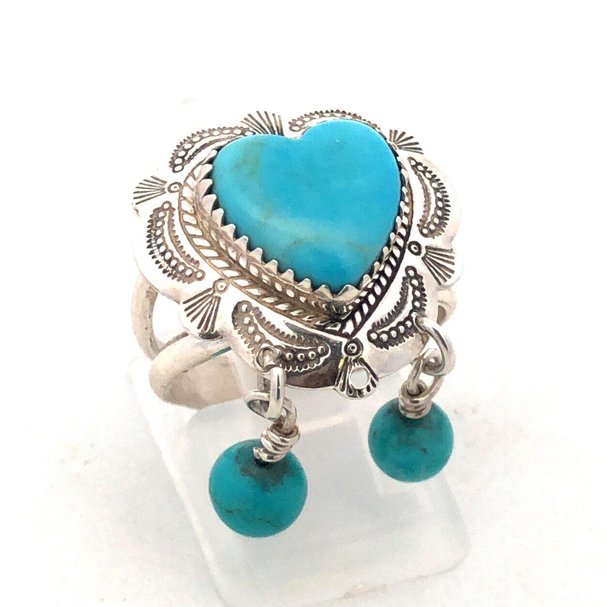 Native American QT 925 Sterling Silver Heart Turquoise Dangle Bead Charm Ring