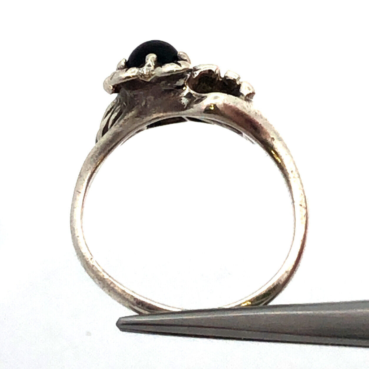 Vintage Harley Davidson 925 Sterling Silver Black Onyx Cabochon Floral Ring