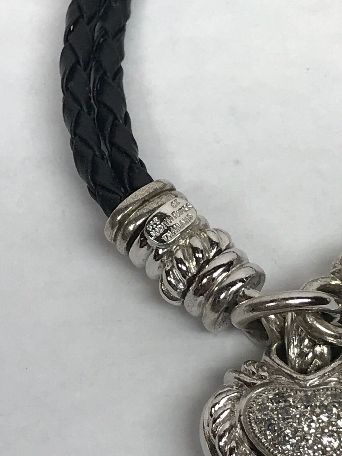 Judith Ripka Sterling Silver 925 Diamonique CZ Heart Charm Leather Bracelet