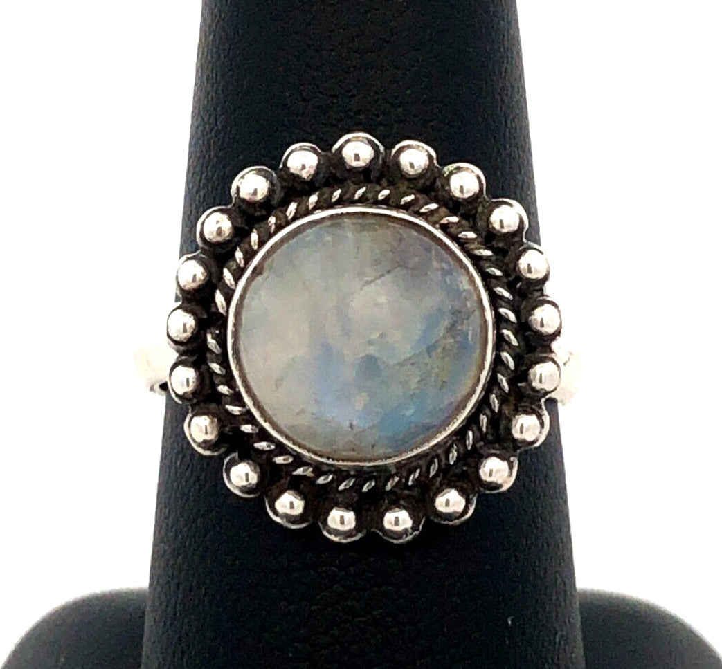 Vintage 925 Sterling Silver Round Cabochon Moonstone Solitaire Ring