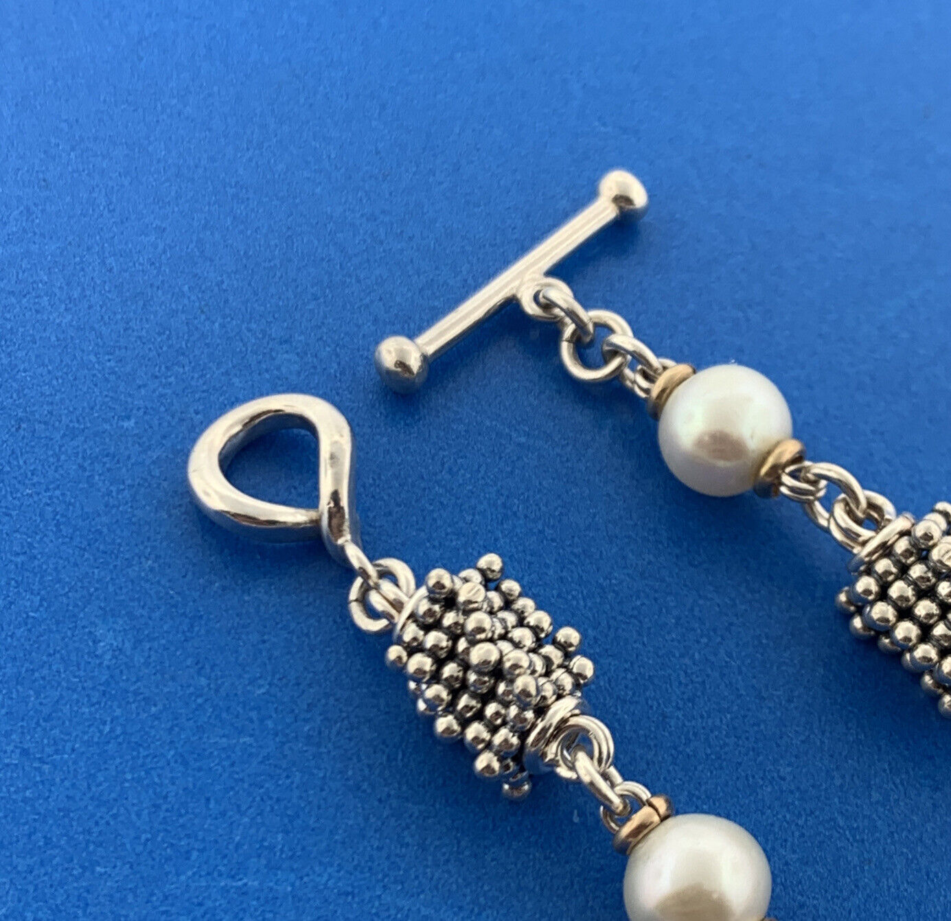 Michael Dawkins Sterling Silver 14K Yellow Gold Pearl Station Toggle Bracelet