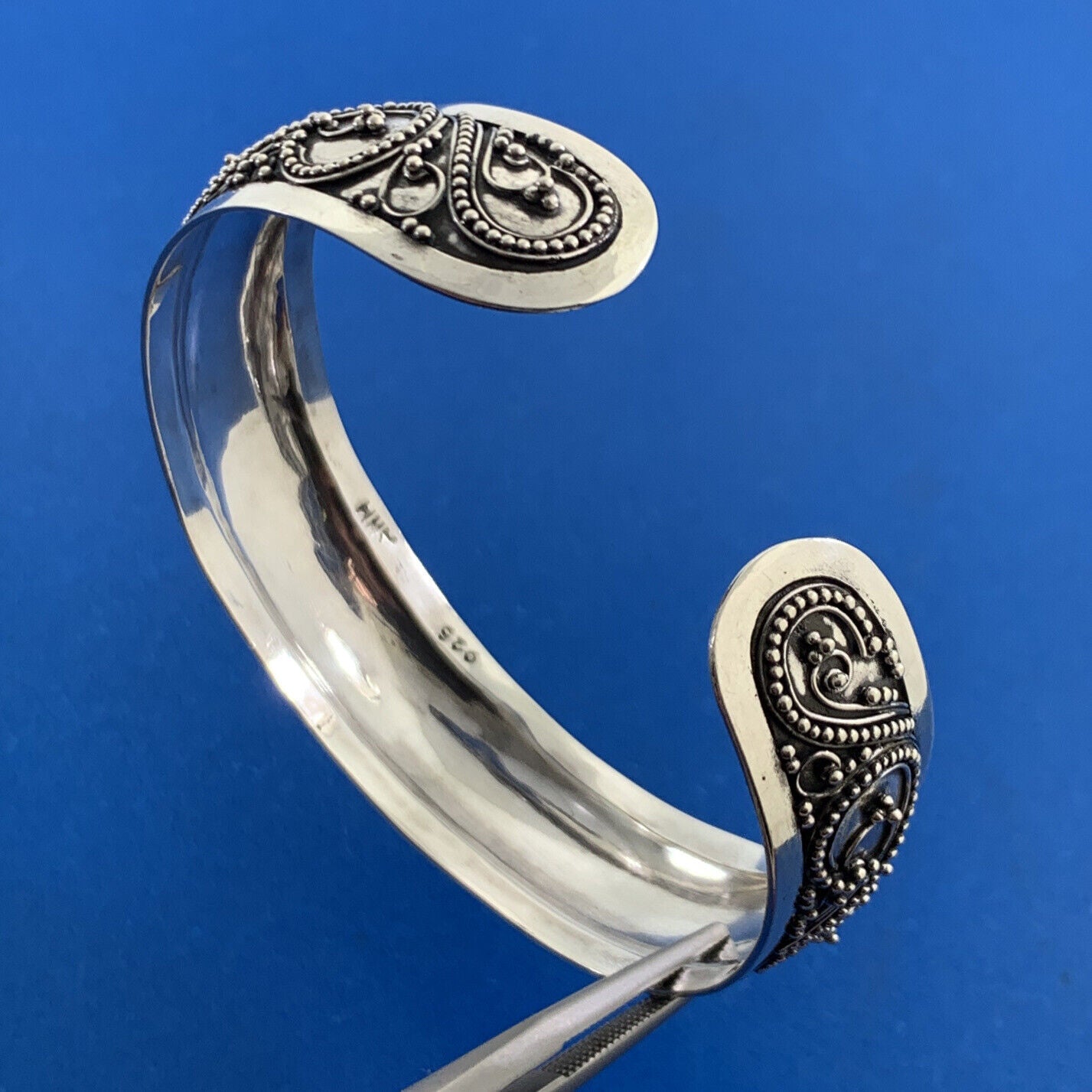 Designer 925 Sterling Silver Beaded Filigree Detail Open Cuff Bracelet
