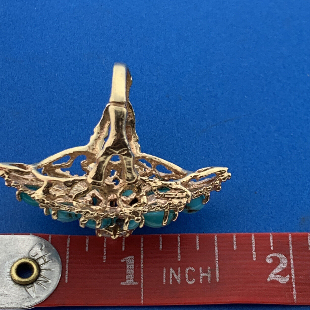 14K Yellow Gold Turquoise White Quartz Cluster Free Form Statement Cocktail Ring