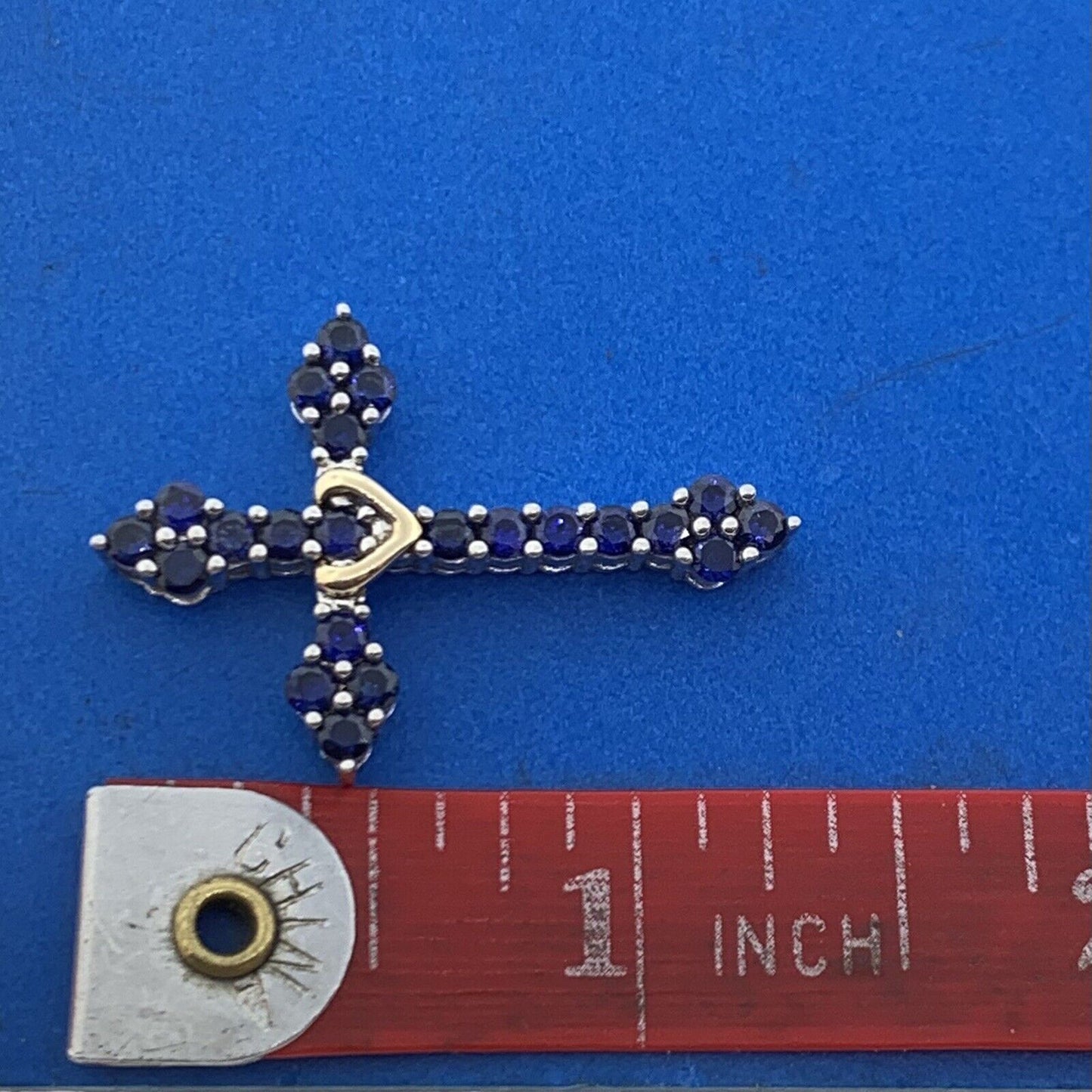 Designer 925 Sterling Silver 10K Yellow Gold Sapphire Cross Pendant