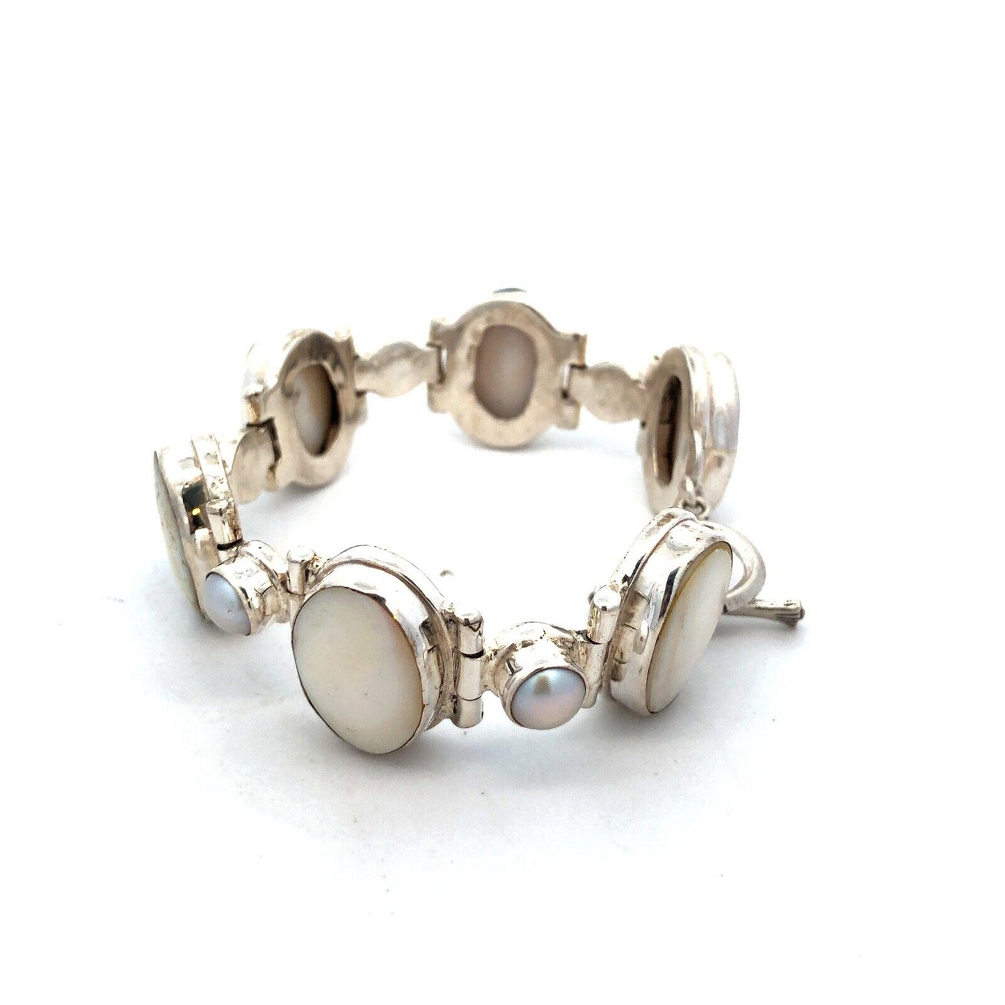 Vintage 925 Sterling Silver Oval Mother of Pearl Pearl Toggle Tennis Bracelet
