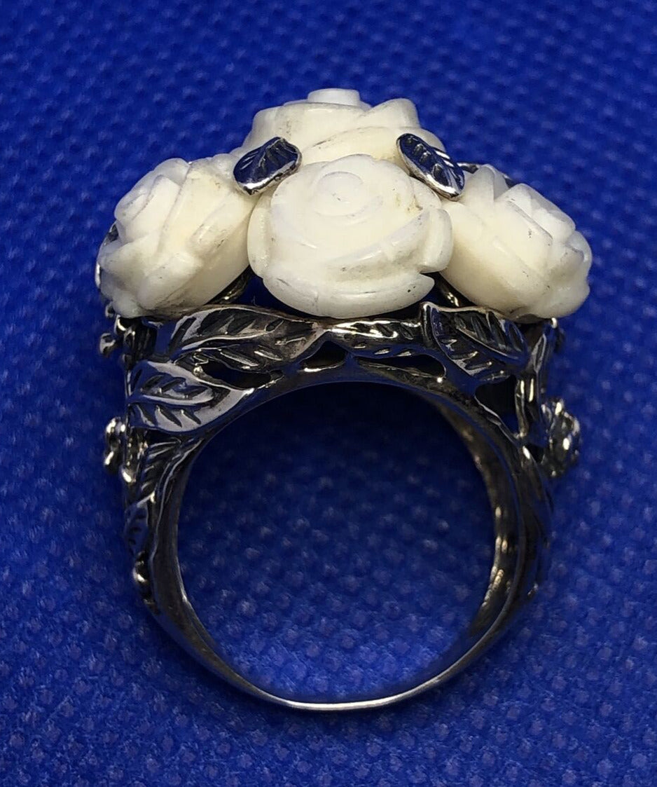 Designer SX 925 Sterling Silver Carved White Resin Rose Bouquet Cocktail Ring