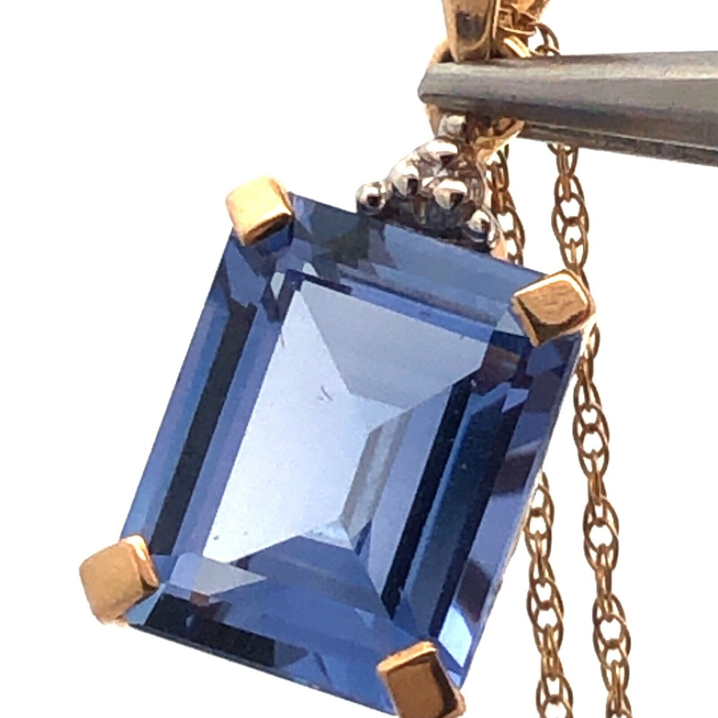 Designer 10K Yellow Gold Emerald Shaped Ceylon Sapphire Diamond Accent Necklace