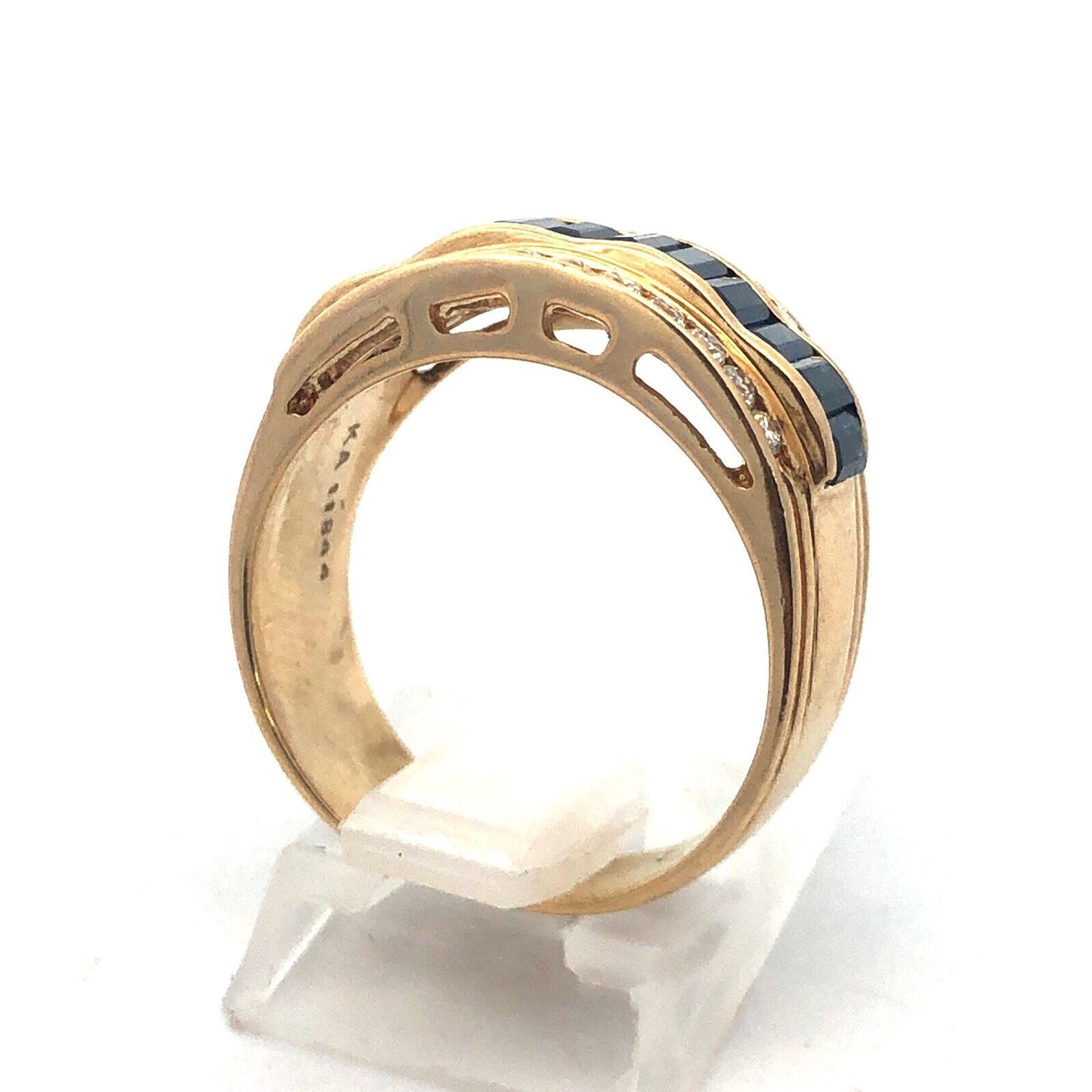 Vintage 14K Yellow Gold Sapphire Diamond Wedding Anniversary Wide Band Ring